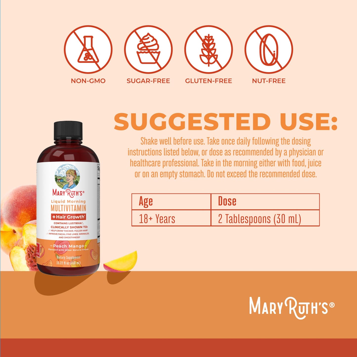 MaryRuth's Liquid Multivitamin + Hair Growth | Biotin 10000mcg | Lustriva Hair Growth Supplement | Clinically Tested in Women for Thicker Hair & Facial Wrinkles | Skin Care | Ages 18+ | 15.22 Fl Oz - Medaid International