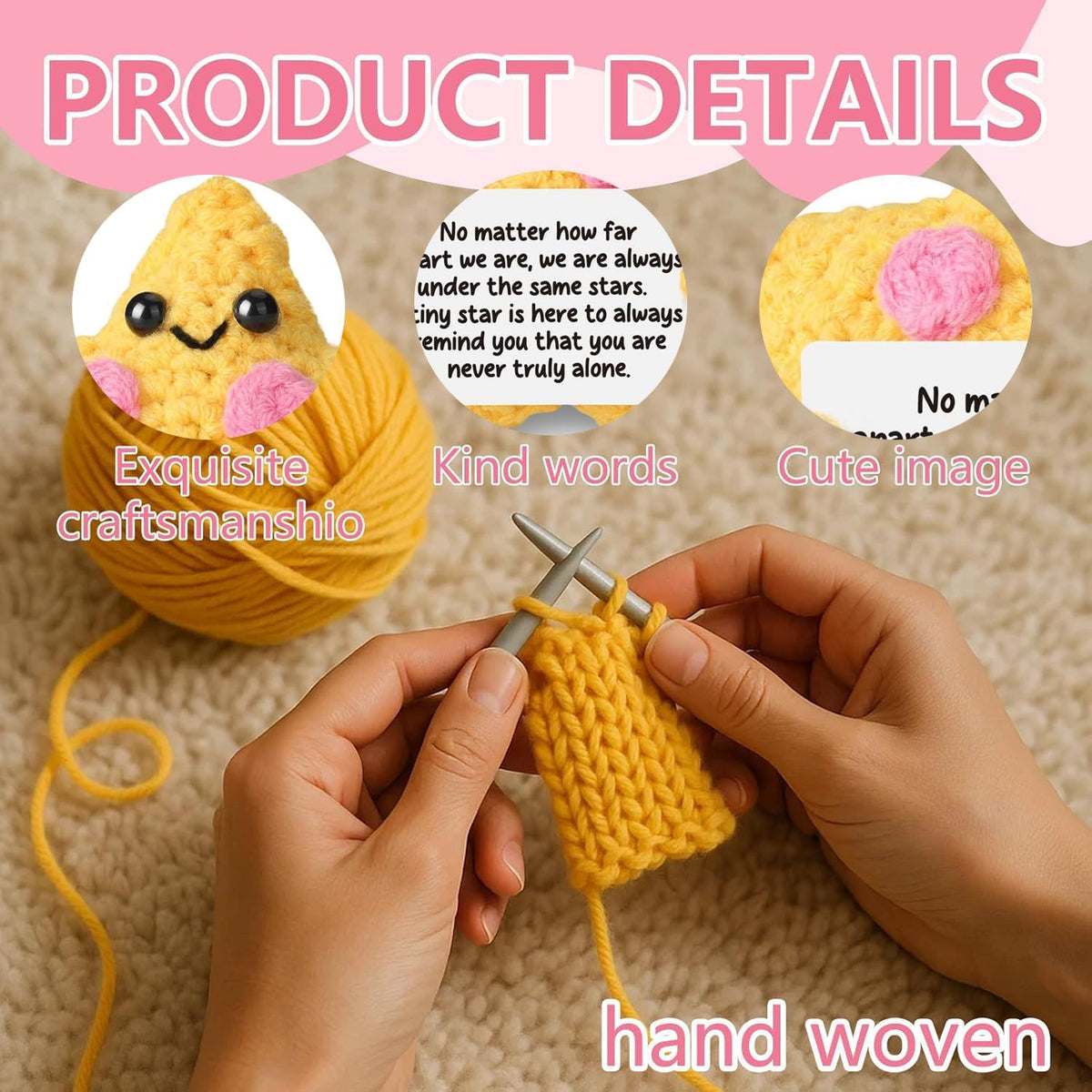 KASTWAVE Positive Crochet Star Gift, Handmade Pocket Star Doll with Affirmation Tag, Cute Crochet Keepsake for Desk, Car, Backpack, Birthday & Graduation Present