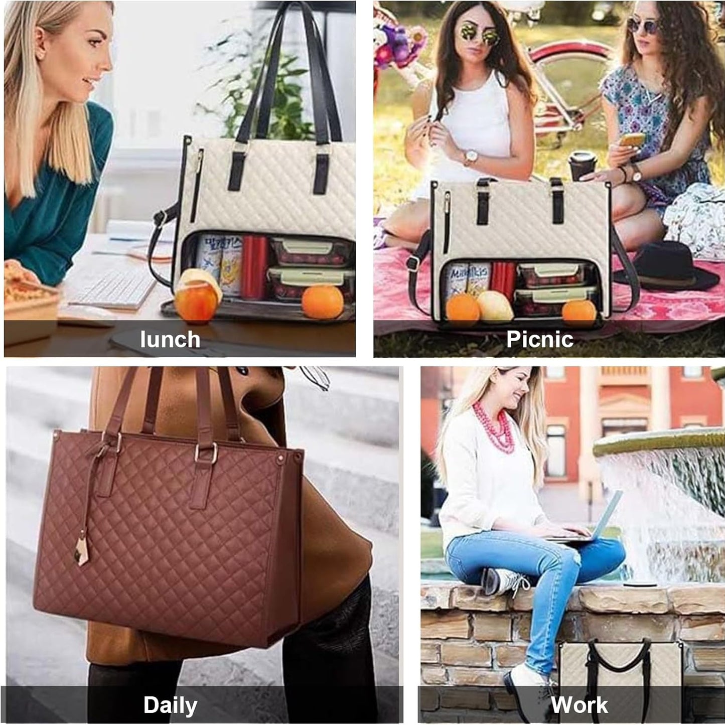 2 in 1 Lunch Tote Bag for Women, 5.6 Inch Leakproof Tote Bags with Insulated Lunch Compartment, Large Work Tote Bag with Lunch Compartment, Work Handbag for Business, Office