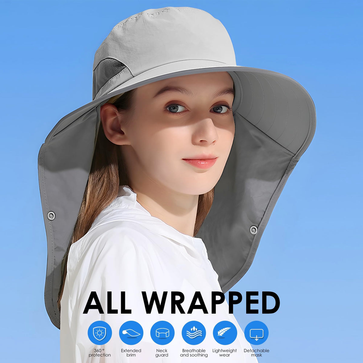 Outdoor Sun Hat for Men, 50+ UPF Protection Safari Cap Wide Brim Pure Cotton Fishing Hat with Neck Flap for Dad, Sunscreen Garden Hiking Beach Desert
