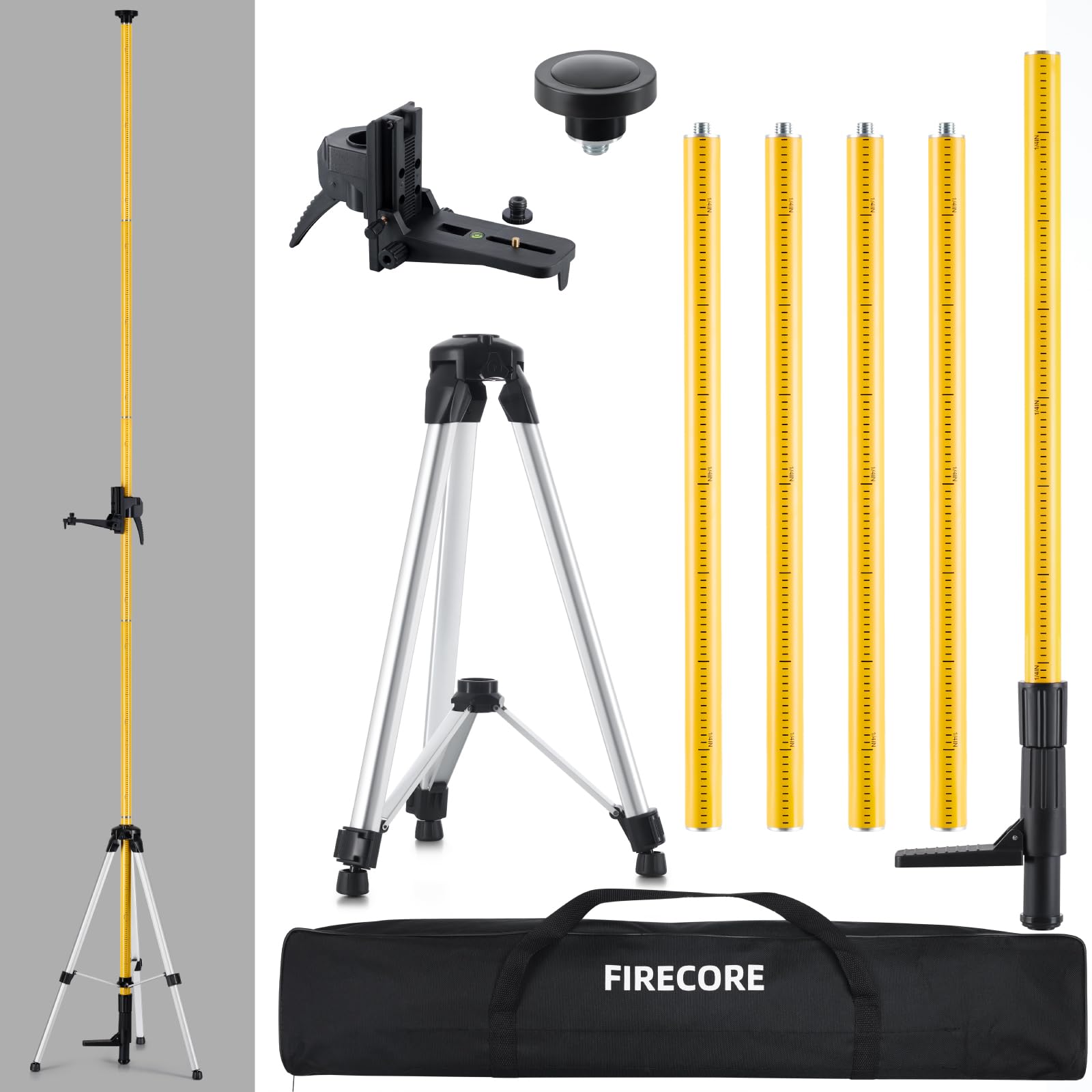 Firecore 12 Ft./3.7M Professional Laser Level Pole with Tripod and 1/4-Inch by 20-Inch Laser Mount for Rotary and Line Lasers, Adjustable Telescoping Laser Pole with 5/8"-11 Threaded Adapter-FLP370C - Medaid International