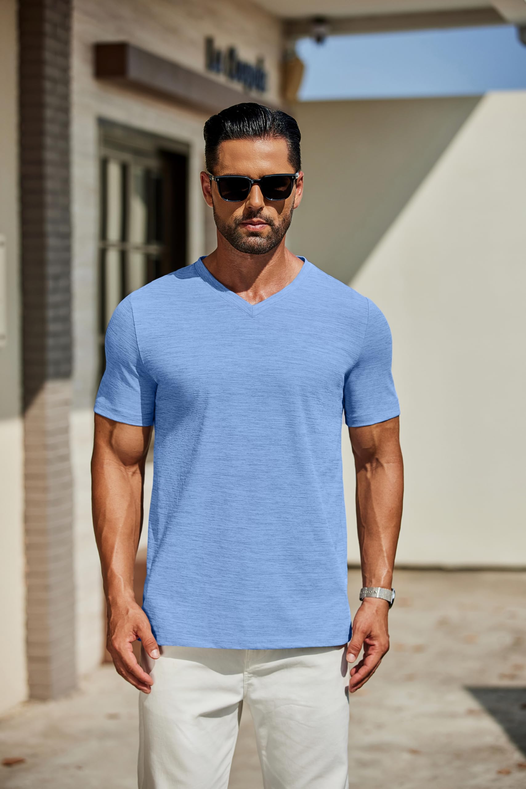 COOFANDY Men's T Shirts Short Sleeve Classic V Neck T-Shirt Casual Summer Basic Tee Shirt Light Blue - Medaid International