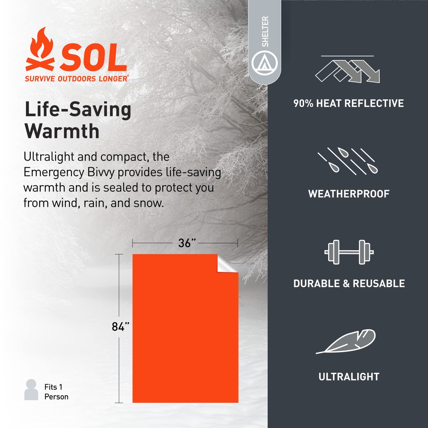 Survive Outdoors Longer 90% Emergency Bivvy - Comes with Survival Whistle & Tinder Paracord Drawstring - Add to Emergency Kit & Hiking Gear - Waterproof, Windproof & Tear-Resistant