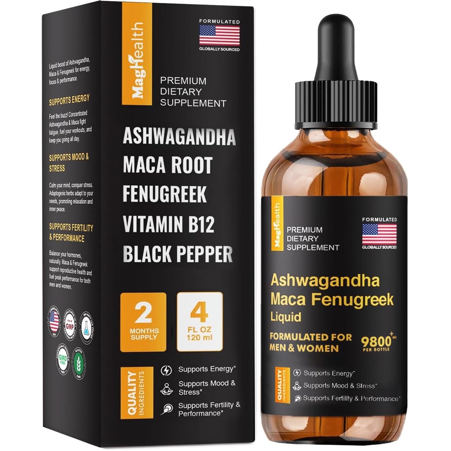 Maca Root Liquid Drops with Ashwagandha and Fenugreek - 60 Day Servings - Focus, Energy and Performance - Liquid Multivitamin for Women and Men - Adapto Drive, Vegan Drops - Medaid International