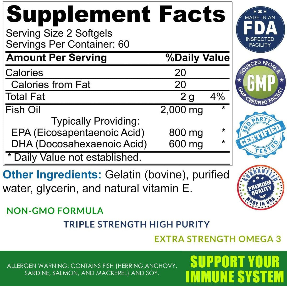 Omega 3 Fish Oil Supplement – 2000mg with EPA DHA & Vitamin E – Burpless, Triple Strength Support for Men & Women – 120 Easy Swallow Softgels - Medaid International