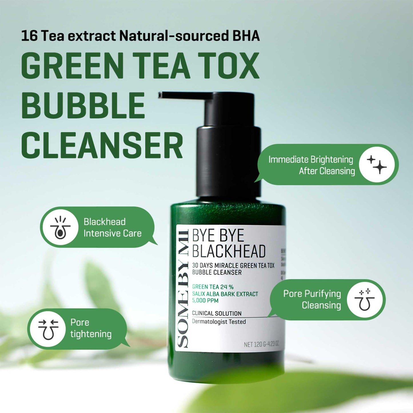 SOME BY MI Bye Bye Blackhead 30 Days Miracle Green Tea Tox Bubble Cleanser – 4.23oz, 120g – Korean Face Wash & Bubble Face Mask – Daily Blackhead-Removing Pore Minimizer for Face – Korean Skin Care - Medaid International
