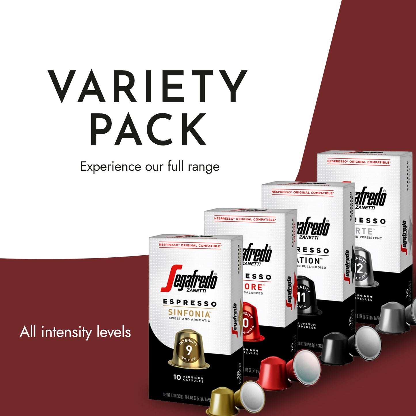 Segafredo Zanetti Espresso Capsules – Aluminum Pods for Nespresso Original Machines – 4 Flavor Variety Pack Premium Espresso – Forte, Ovation, Encore, and Sinfonia – Variety, 10 Count (Pack of 4)