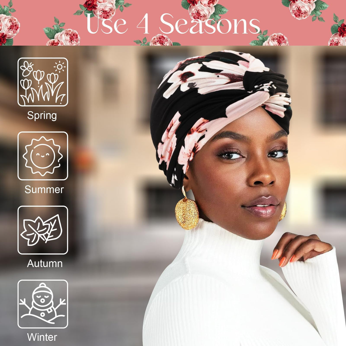 KASTWAVE 2-Pack Soft Elastic Turbans for Women, Adjustable Printed Pre-Tied Head Wraps, Comfortable Chemo Headwear for Hair Loss