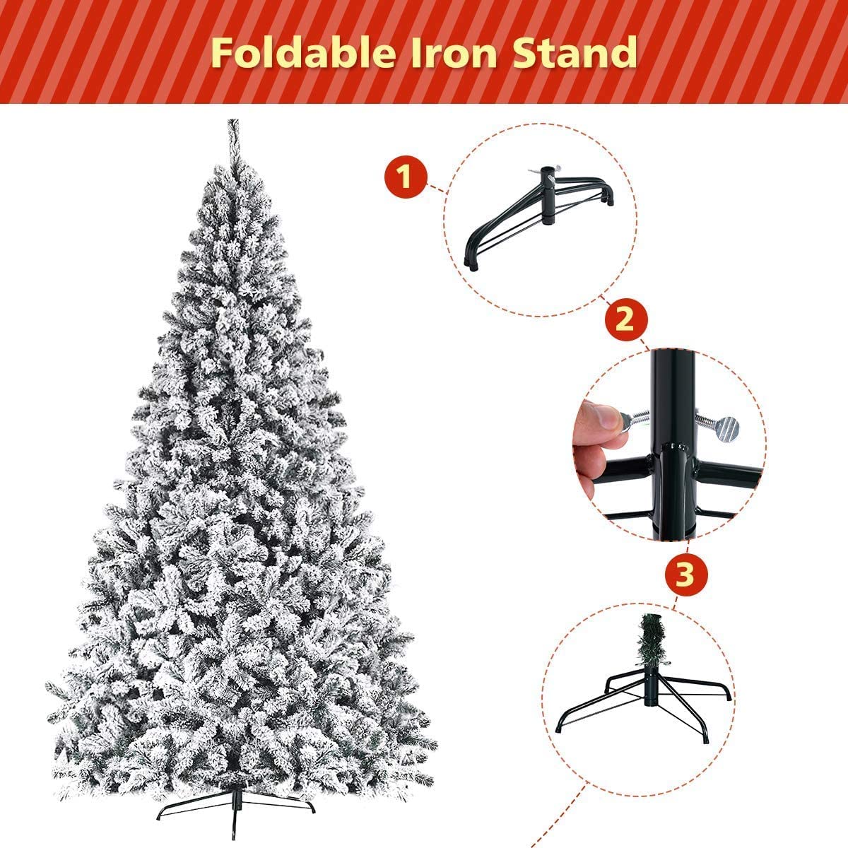 SPSUPE Artificial Christmas Tree, Premium PVC Xmas Full, Flocked Snow Pine Tree with Solid Metal Stand, Ideal for Indoor and Outdoor (9FT), White - Medaid International