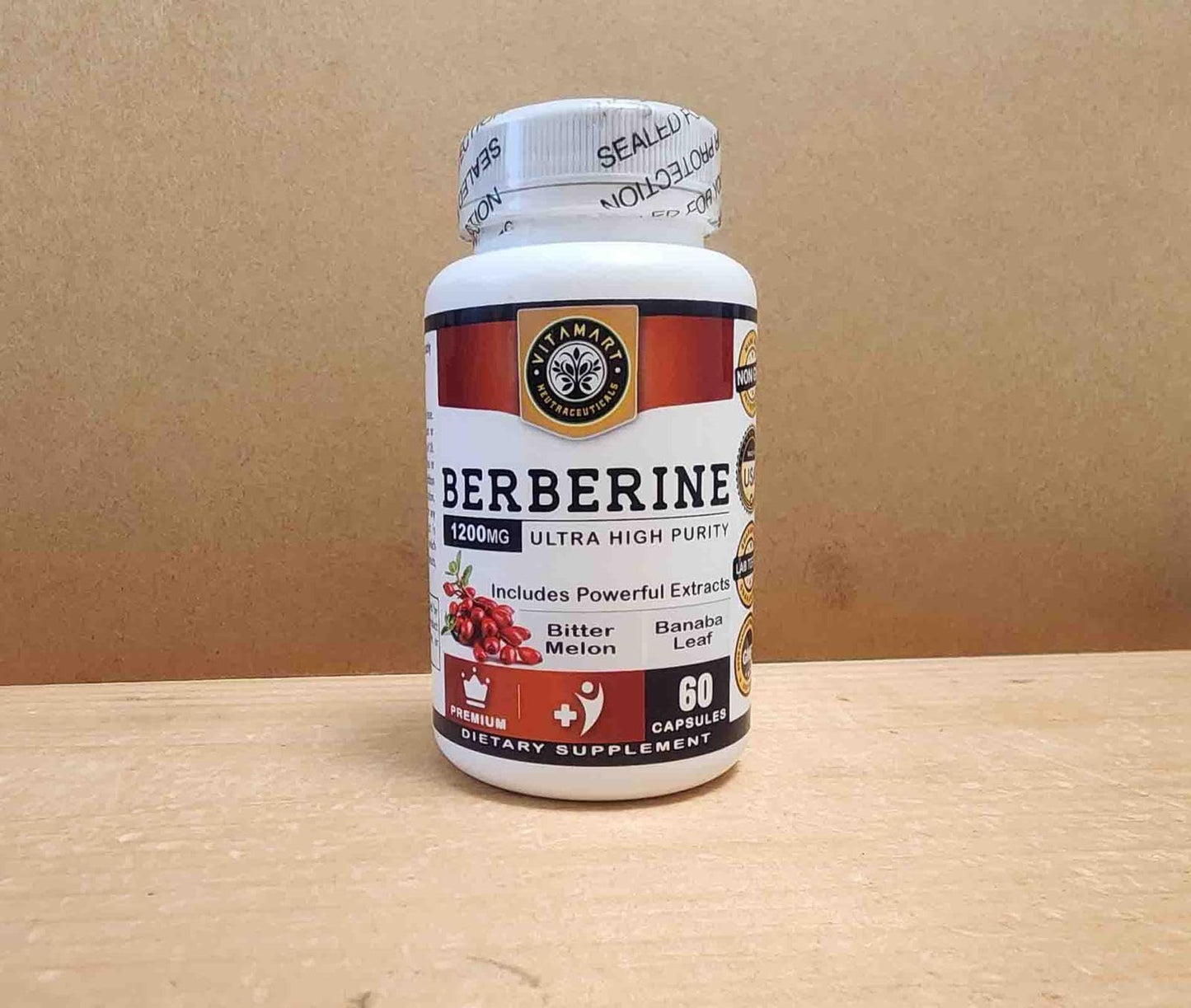Vitamart Berberine HCL 1200mg Premium, Ultra High Purity, Pure 60 Capsules - Berberine Supplement, Supports Immune System, Berberine Plus Enhanced with Bitter Melon Fruit & Banaba Leaf Extract - Medaid International