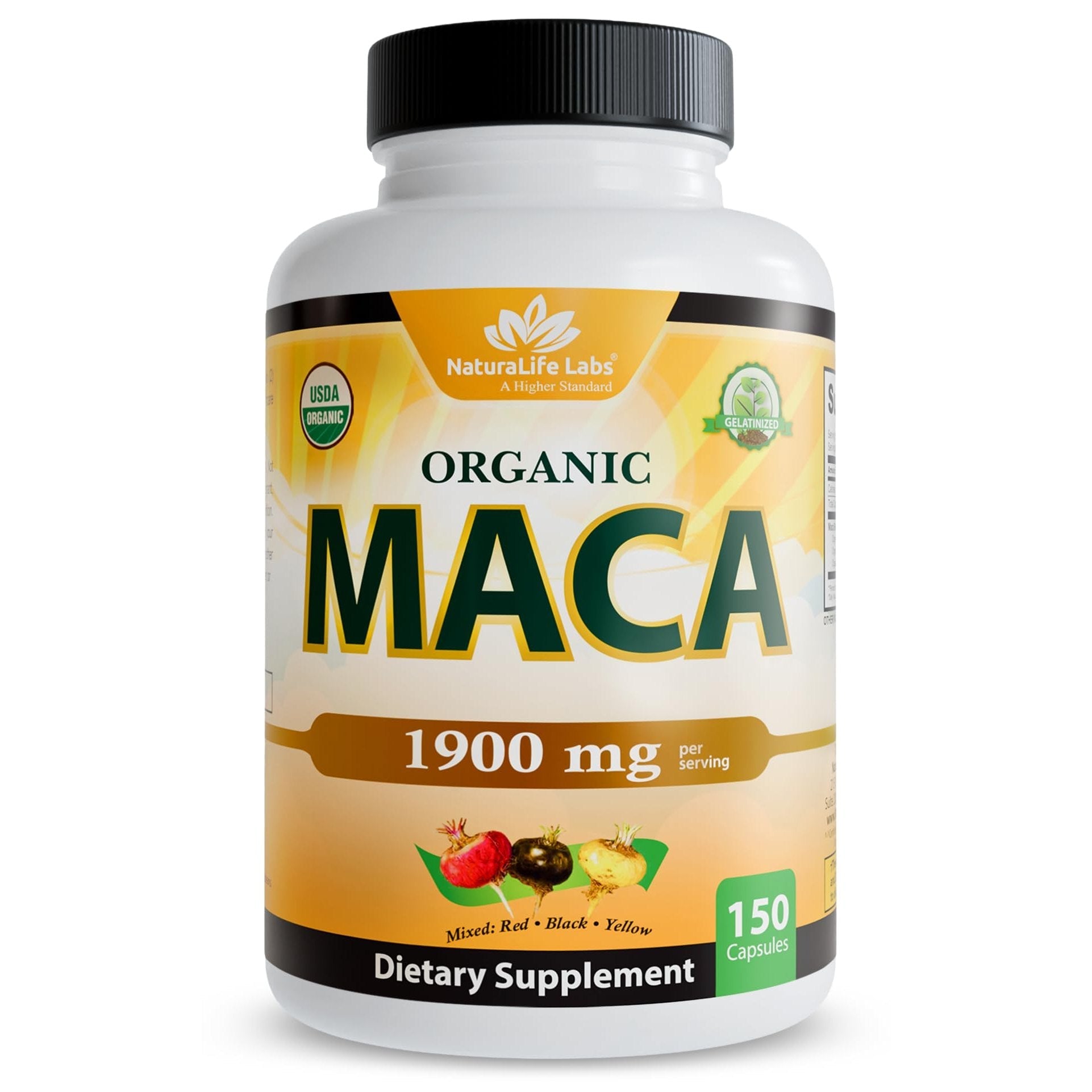 NaturaLife Labs Organic Maca Root – Black, Red & Yellow – 1900 mg per Serving – 150 Capsules – Gelatinized Peruvian Maca – Non-GMO, Gluten-Free, Vegan - Medaid International