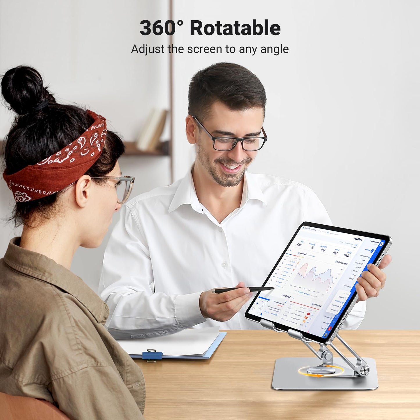 UGREEN Tablet Stand Holder for Desk with 360° Rotating Base Aluminum Dual Rod Support Adjustable Home Office Accessories Compatible with iPad Pro 13 12 11 Air Mini 5 4 3 Phone E-Reader Silver - Medaid International