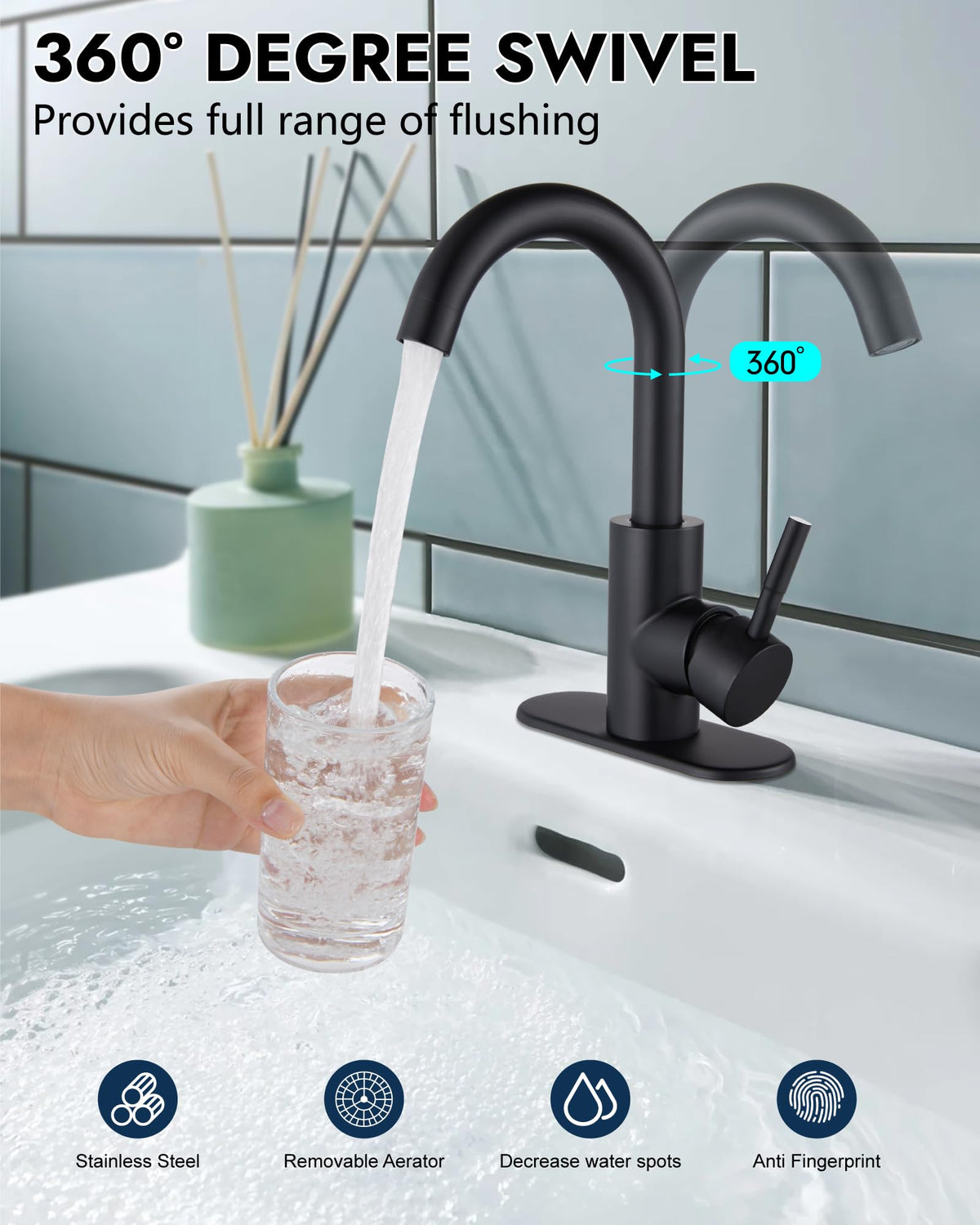 Midanya Matte Black Bathroom Sink Faucet Deck Mount SUS304 Stainless Steel Lavatory Mixer Tap 1 Hole Single Handle with Cover Plate Include Pop Up Drain with Overflow Commercial