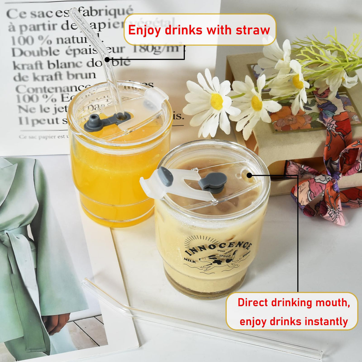 KASTWAVE 13oz/400ml Glass Tumbler, 2 Pack Iced Coffee Cup with Glass Straw and Lid, Sealed Carry On Thick Wall Glass Tumbler for Water, Iced Tea, Fruit Juice, Milk, Beer