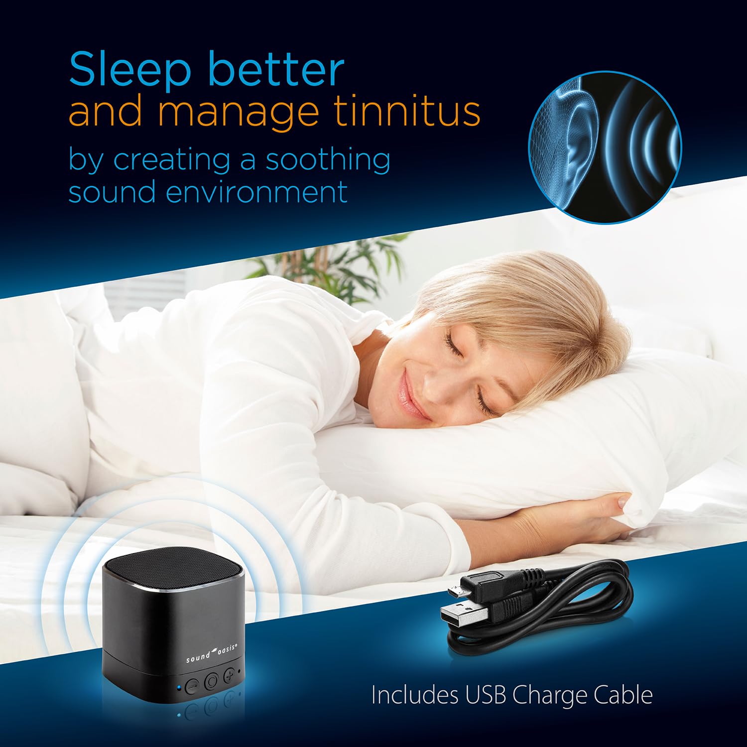 Sound Oasis® Bluetooth® Tinnitus Sound Therapy System® - Sleep Better, Manage and Mask Tinnitus, 25 Built-in Sounds for Tinnitus Relief, 12-Hour Sound Duration - Medaid International
