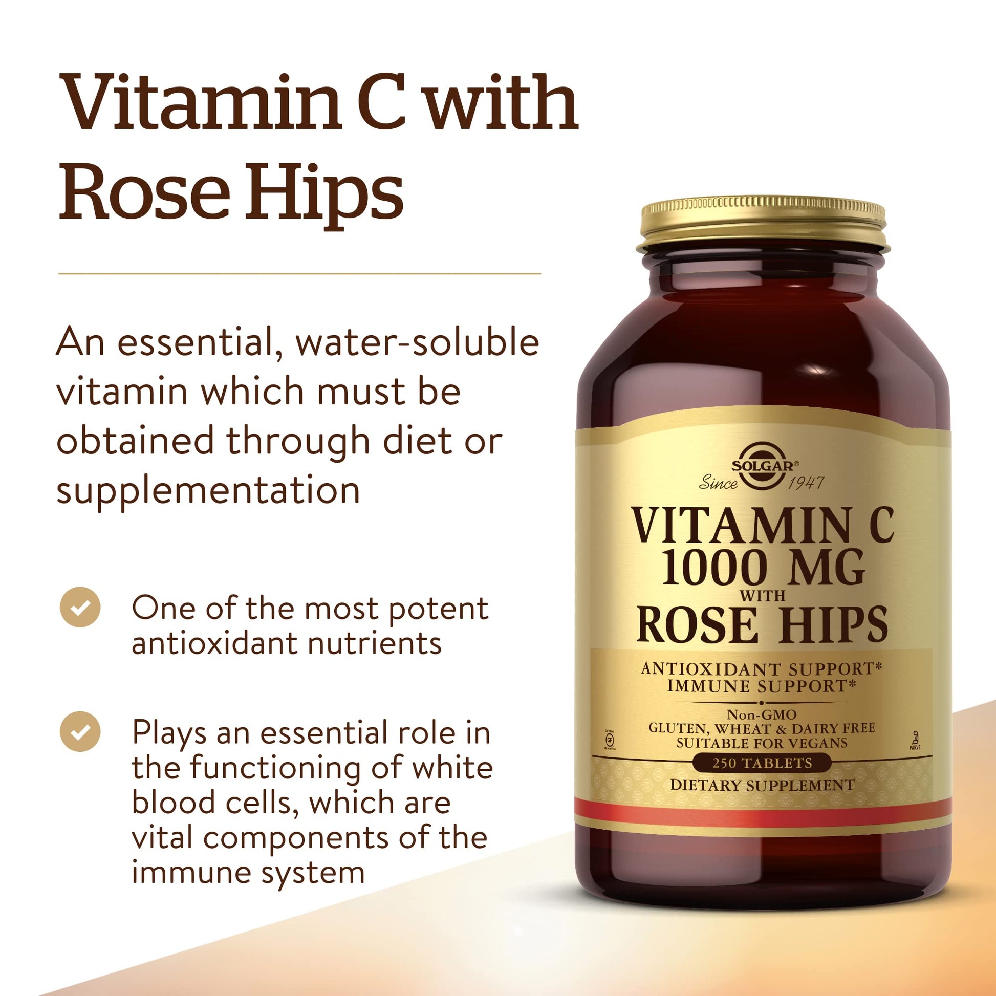 Solgar Vitamin C 1000 mg with Rose Hips, 250 Tablets - Antioxidant & Immune Support - Overall Health - Supports Healthy Skin & Joints - Non GMO, Vegan, Gluten Free, Dairy Free, Kosher - 250 Servings - Medaid International