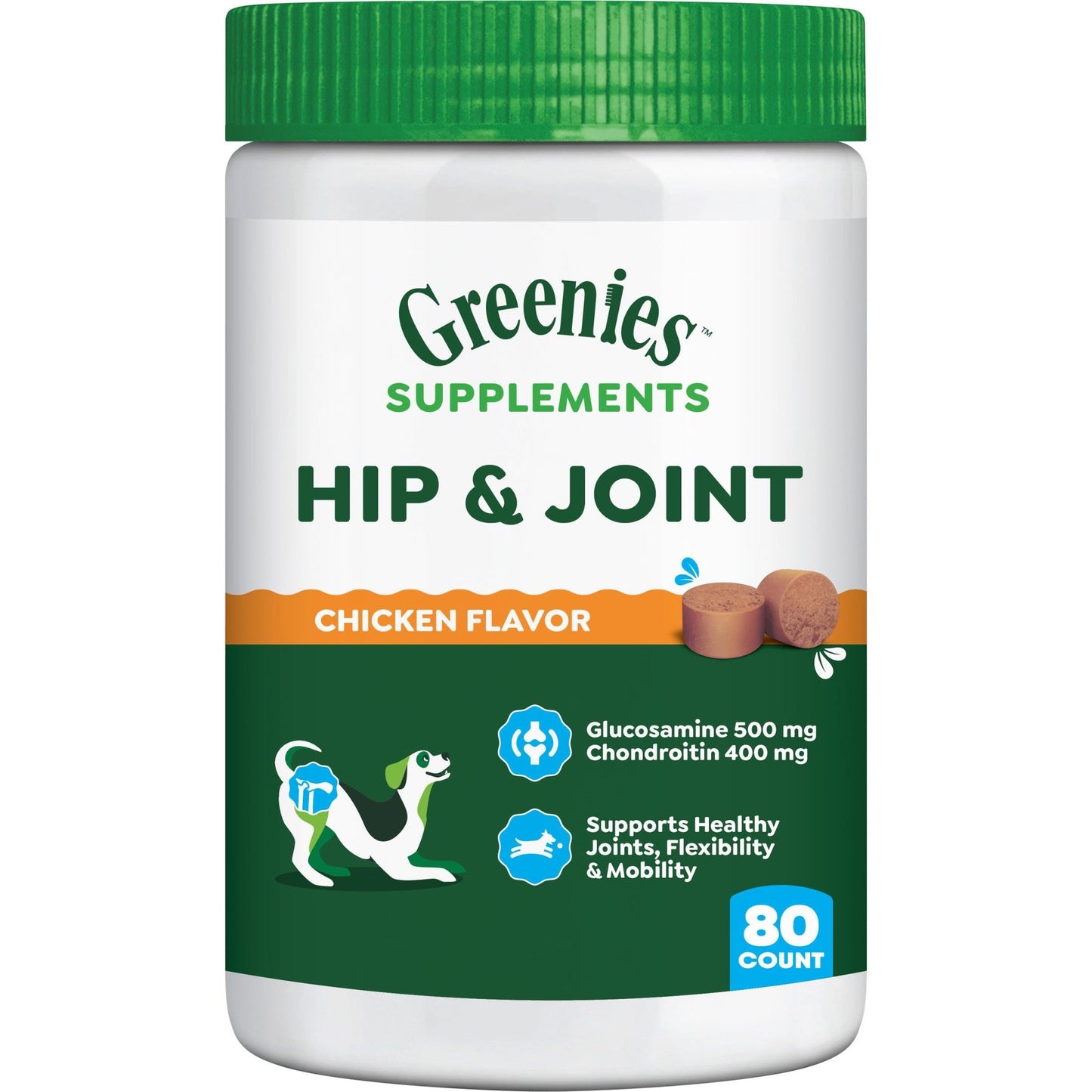Greenies Supplements Hip and Joint Supplements for Dogs, with Chondroitin & Glucosamine for Dogs, Chicken Flavor, 16.2 oz. Container, 80 Count
