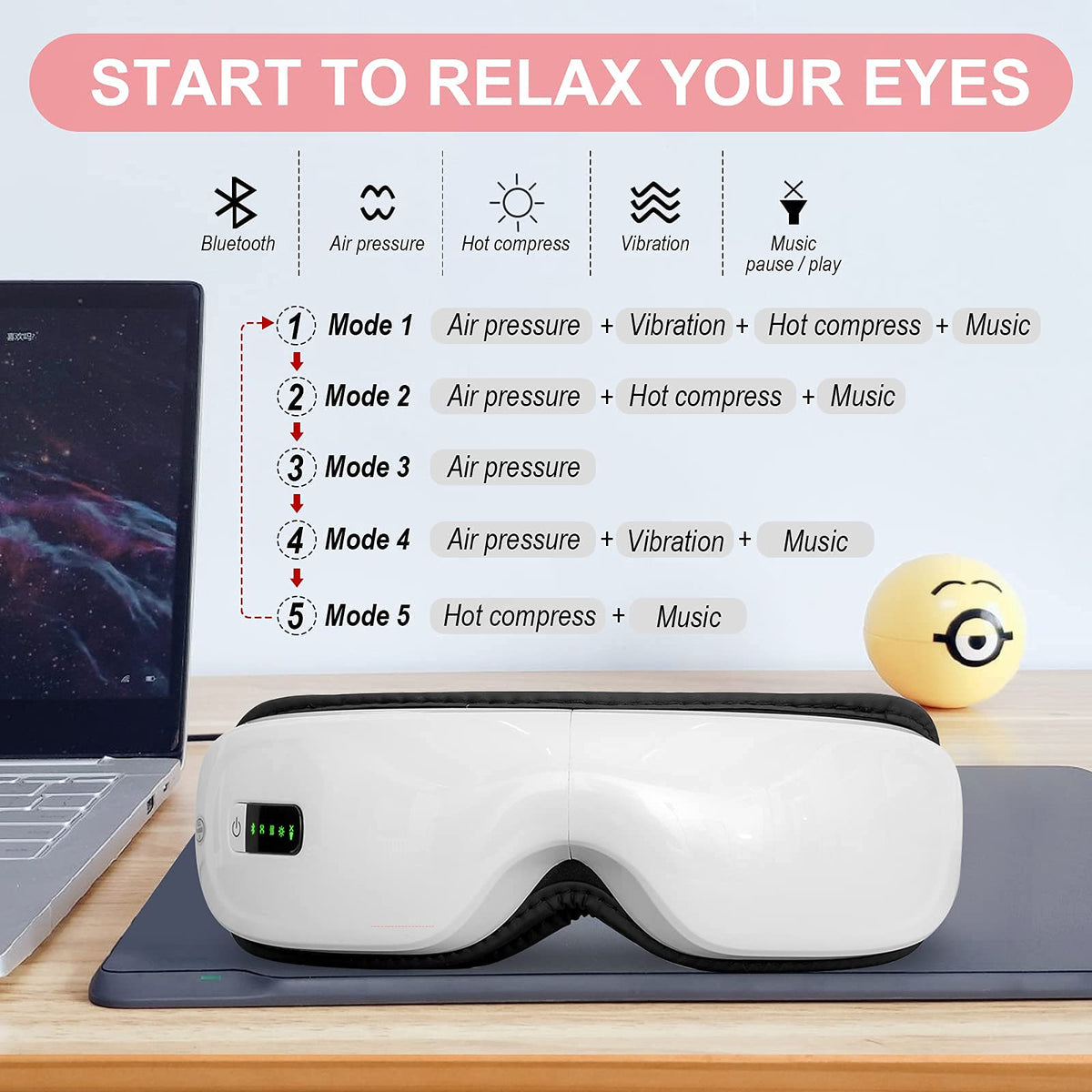 KASTWAVE Eye Massager with Heat,Bluetooth Music Rechargeable Eye Heat Massager,Acupoints Point Eye Massage,Relax and Reduce Eye Strain Dark Circles Eye Bags Dry Eye-White