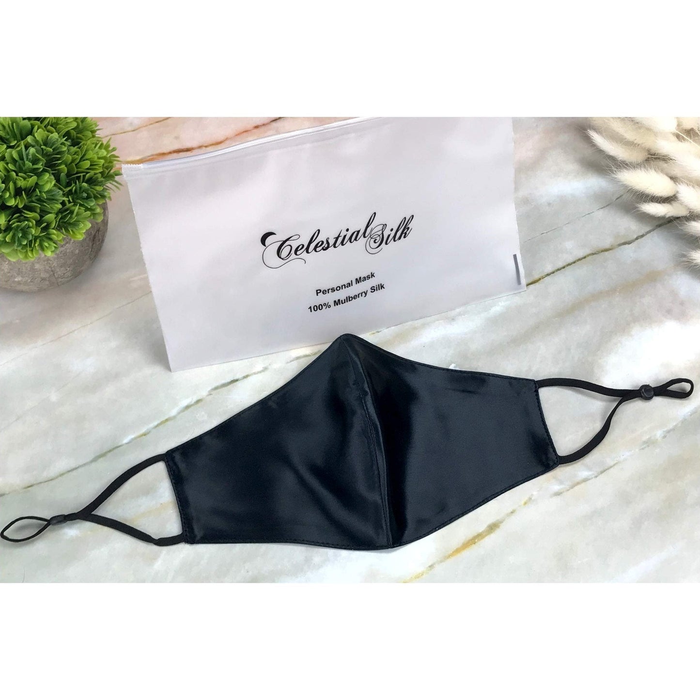 Celestial Silk Pure Silk Face Mask with Nose Wire - Reusable Pure Mulberry 22 Momme Silk Face Covering with Ear Loops, Adjustable & Washable (Black) - Medaid International