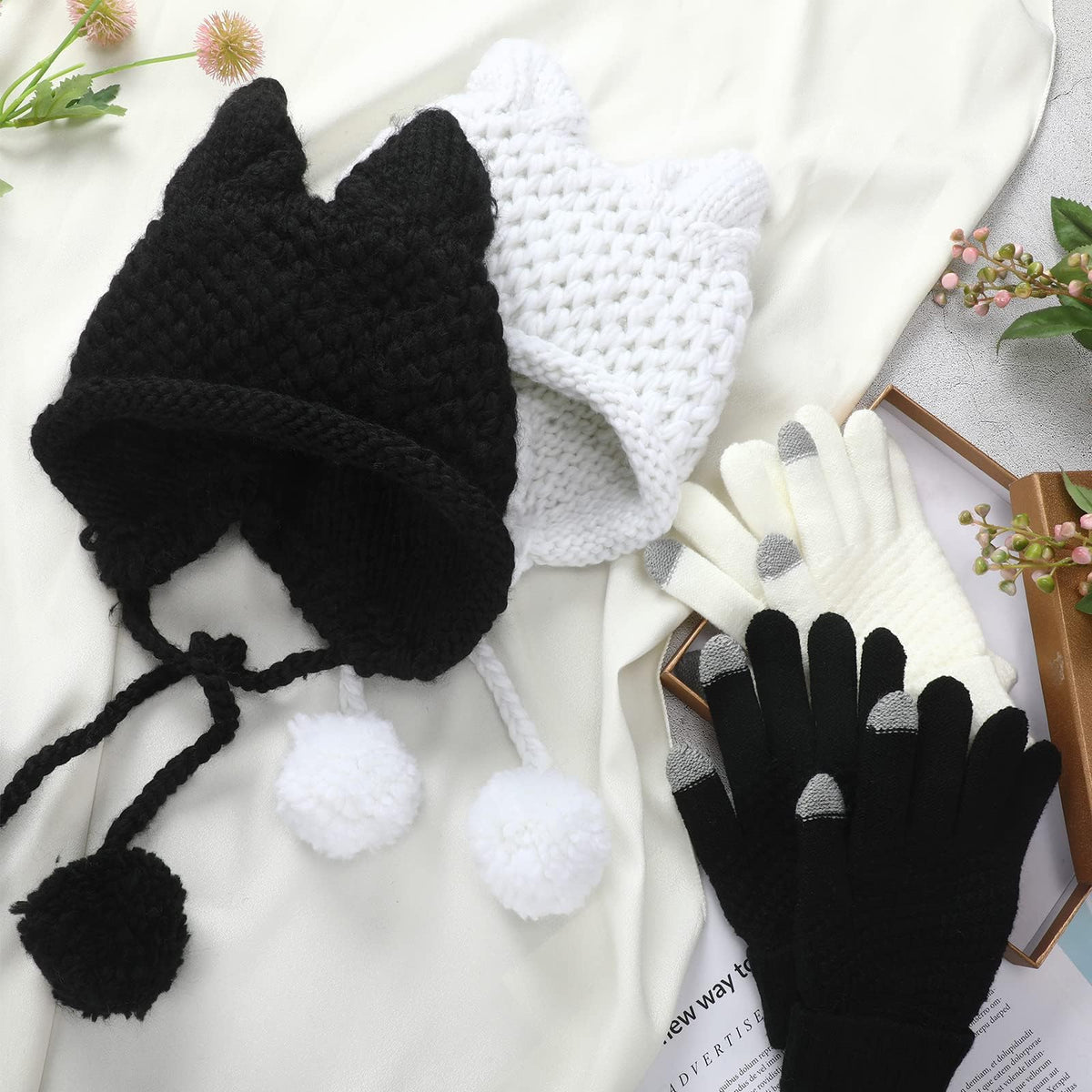 4 Pieces Winter Cat Ear Beanie Knit Hat & Touchscreen Gloves Set for Women - KASTWAVE 2 Cat Ears Hats (White & Black) + 2 Pairs Warm Knit Gloves for Cold Weather, Outdoor & Daily Use