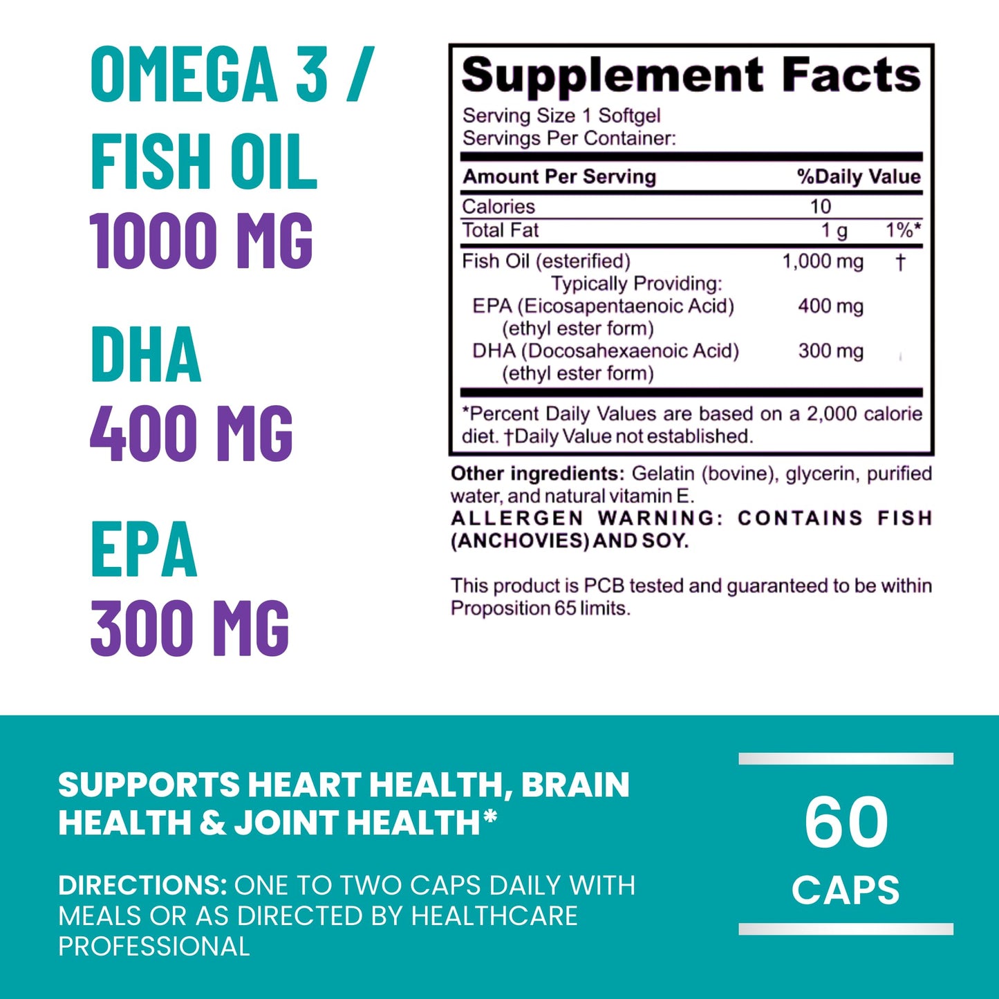 OmegaForte Naturals Omega-3 Fish Oil Supplement – 1000mg Fish Oil, 400mg EPA & 300mg DHA – Burpless Softgels: Heart, Brain, Joint, Eye & Immune Health – High Potency Omega 3 for Men & Women – 60 caps - Medaid International