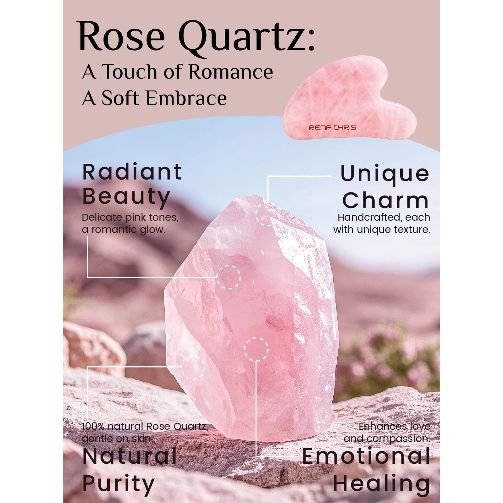 Rena Chris Gua Sha Facial Tools: Natural Rose Quartz Guasha Tool for Face Acupuncture Therapy, Facial Massager for Jawline Sculpting and Puffiness Reducing (Pink) - Medaid International