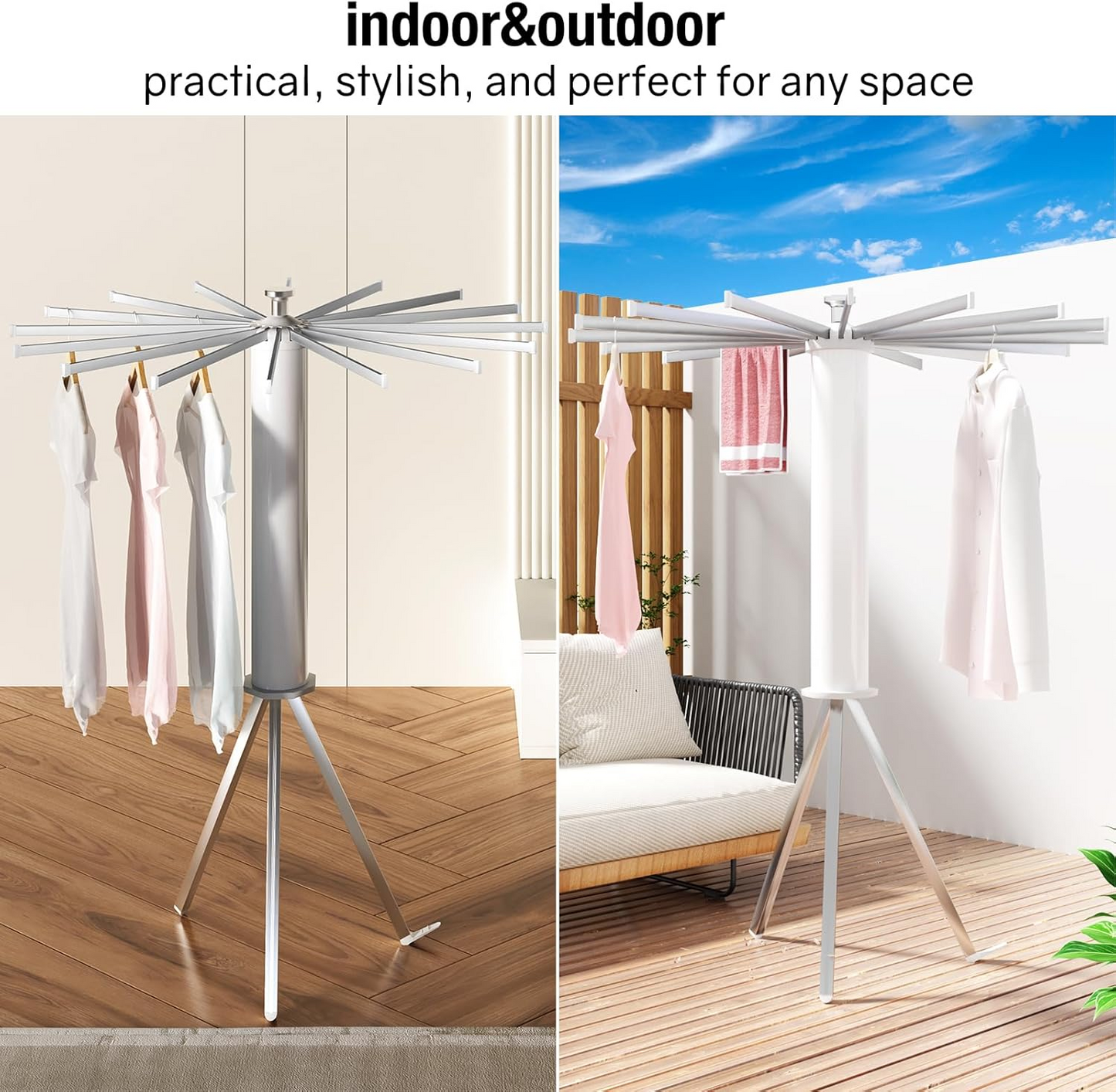 Folding Tripod Clothes Airer – Compact Drying Rack with 16 Rotating Arms, Aluminum, Indoor/Outdoor Use - Medaid International