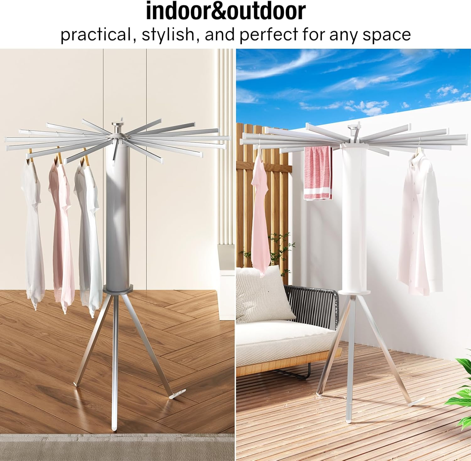 Folding Tripod Clothes Airer – Compact Drying Rack with 16 Rotating Arms, Aluminum, Indoor/Outdoor Use - Medaid International