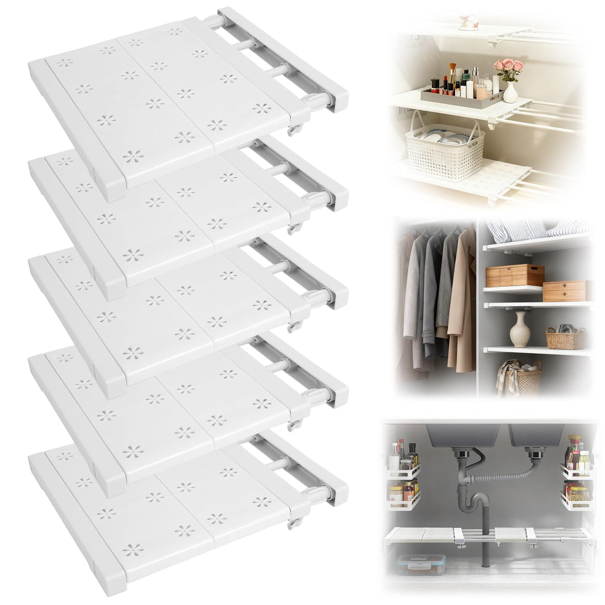 TERRIFI 5 Pcs Closet Tension Shelf Rod Expandable Adjustable 11.8-15.7 inch Shelf Locker, Wardrobe Storage Organizer, Cabinet Layered Divider Separator, for Cabinet Kitchen Bathroom
