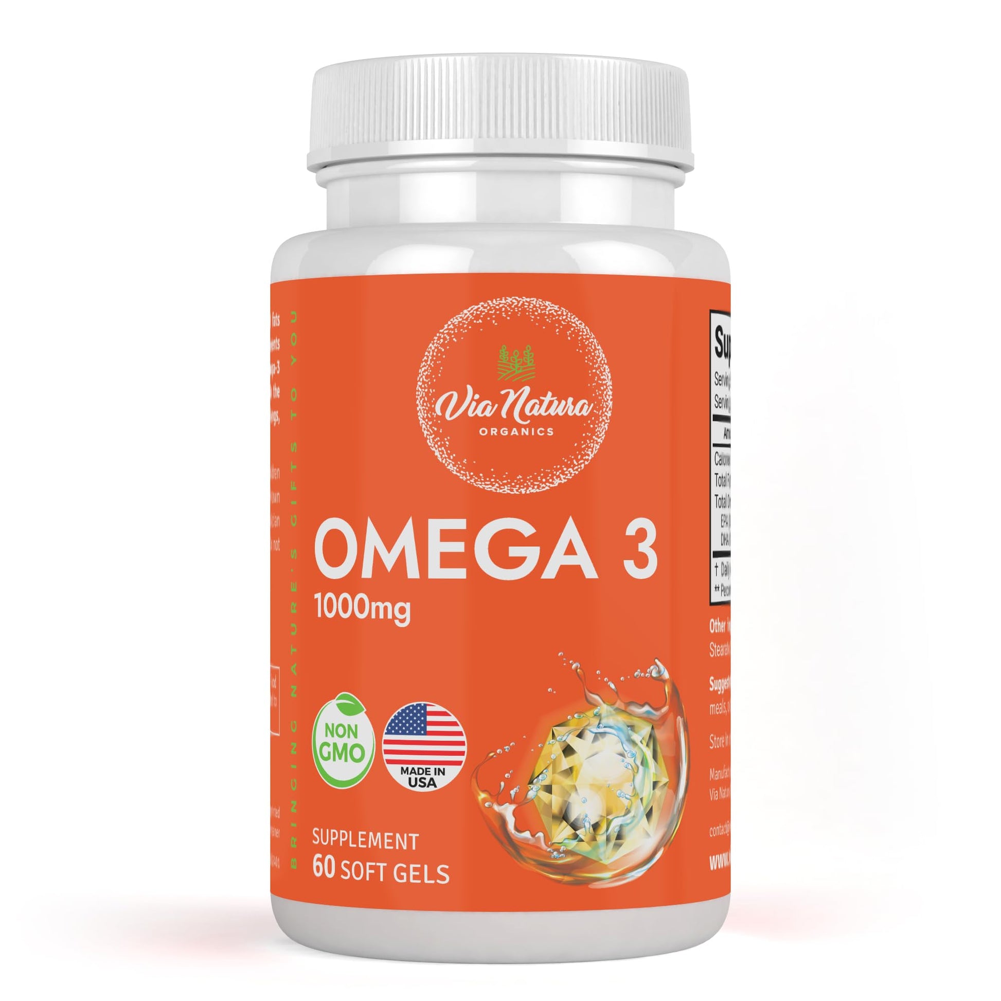 Via Natura Organics Omega 3 | 1000mg | Fish Oil | Fatty acids | EPA & DHA | Non-GMO | 60 Softgels - Medaid International
