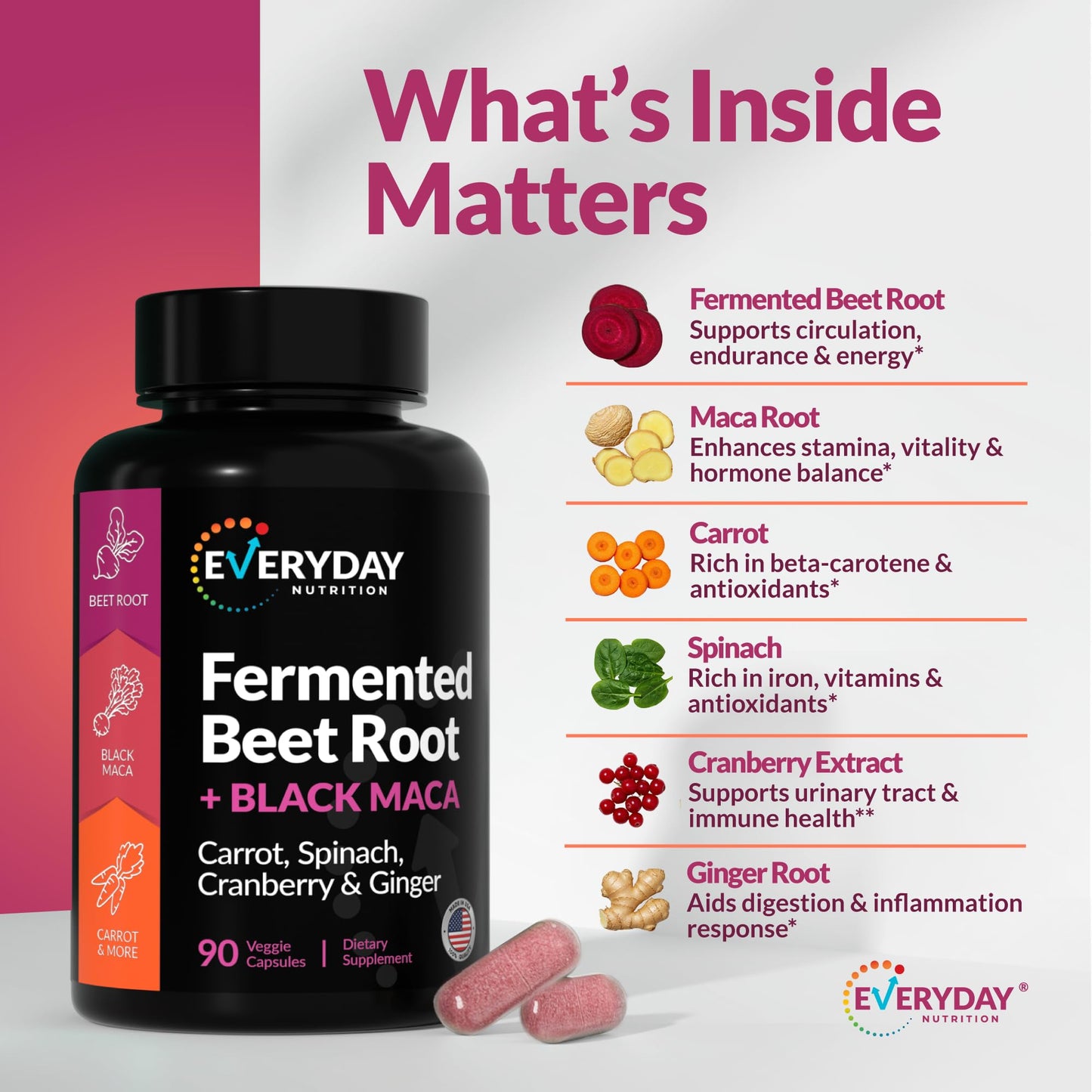 EVERYDAY NUTRITION Organic Fermented Beet Root, Black Maca, Carrot, Spinach, Cranberry, Ginger |Enhanced Overall Health for Women & Men | Made in USA | 90 Veggie Capsules - Medaid International