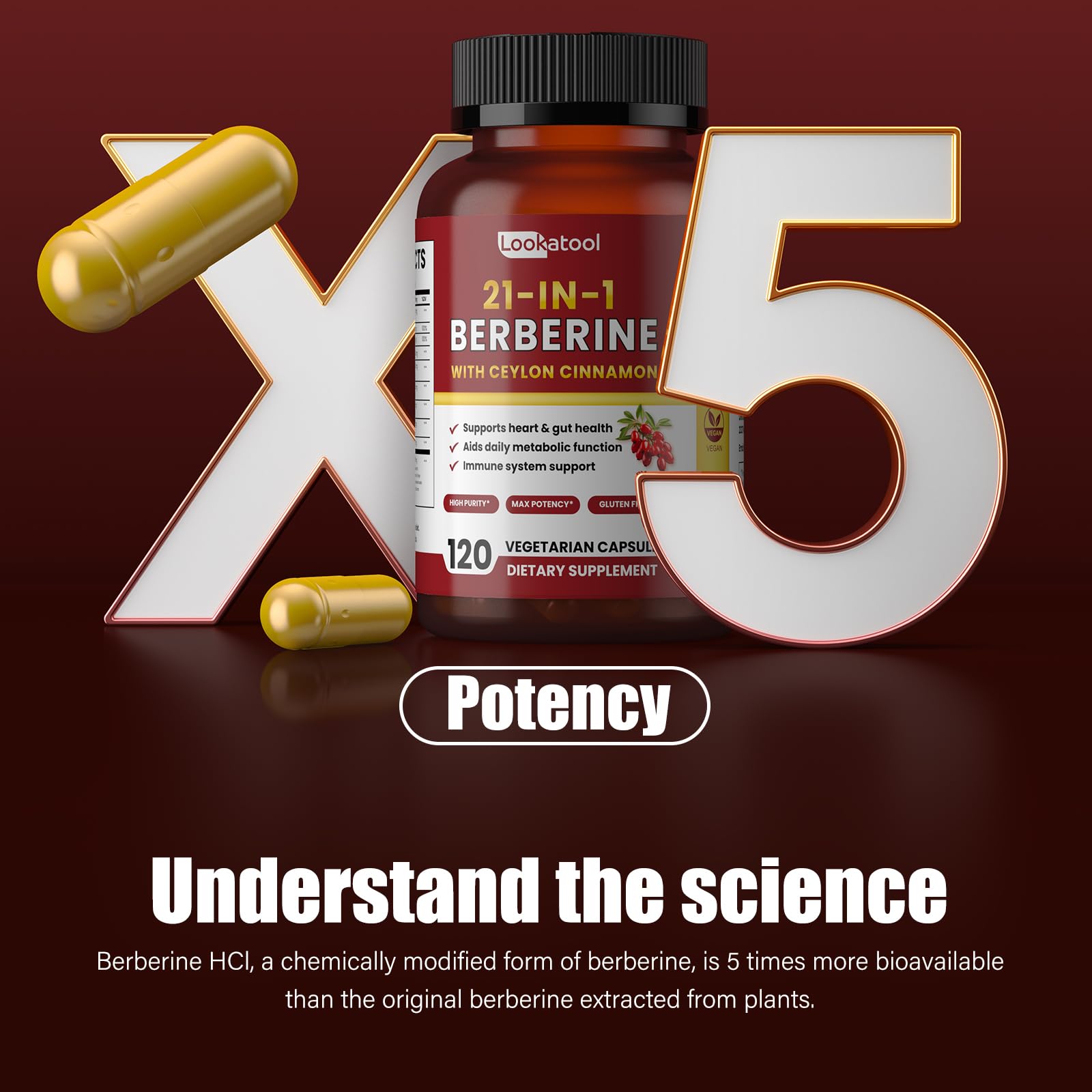 Lookatool 21-in-1 Berberine Supplement with Ceylon Cinnamon - Organic Berberine HCL Phytosome, 5X Higher Absorption for Metabolism Support 120 Capsules - Medaid International