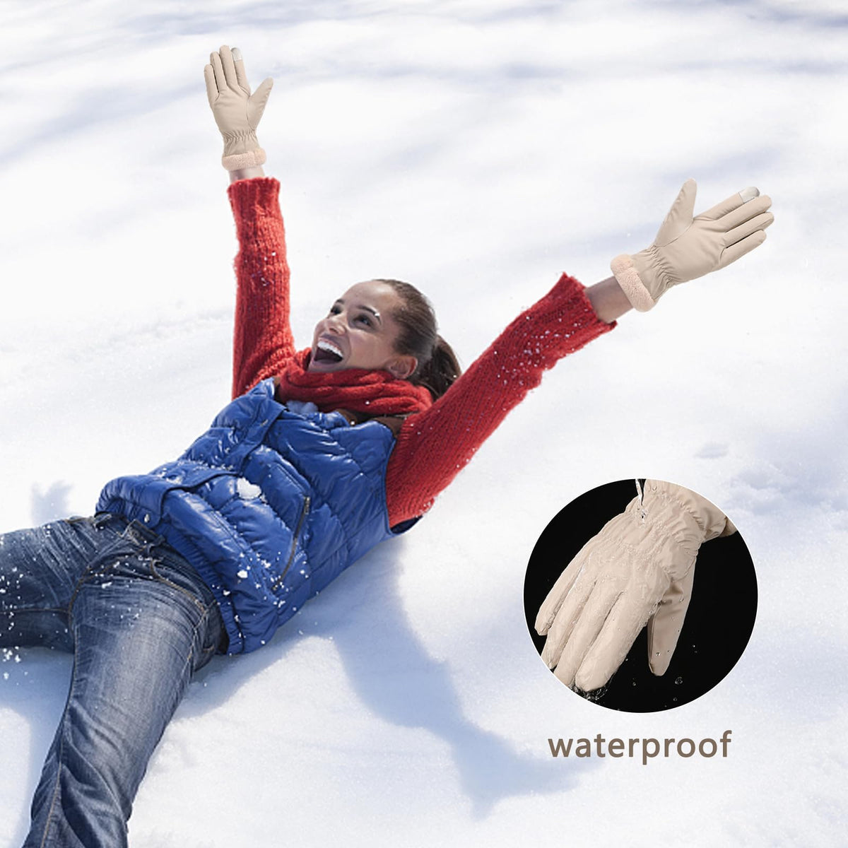 KASTWAVE Waterproof Thermal Gloves for Women, Touchscreen Winter Fleece Insulated Gloves, Windproof Ski Gloves for Outdoor Activities, Walking, Running, Cycling (Beige)