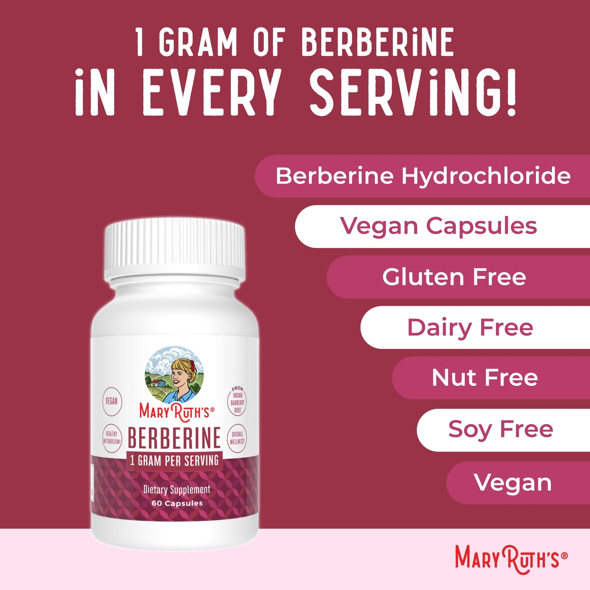 MaryRuth Organics Berberine Supplement | 1000 mg Per Serving | 1 g Berberine | Healthy Metabolism with Diet and Exercise | Overall Health | Vegan Capsules | 30 Serving - Medaid International