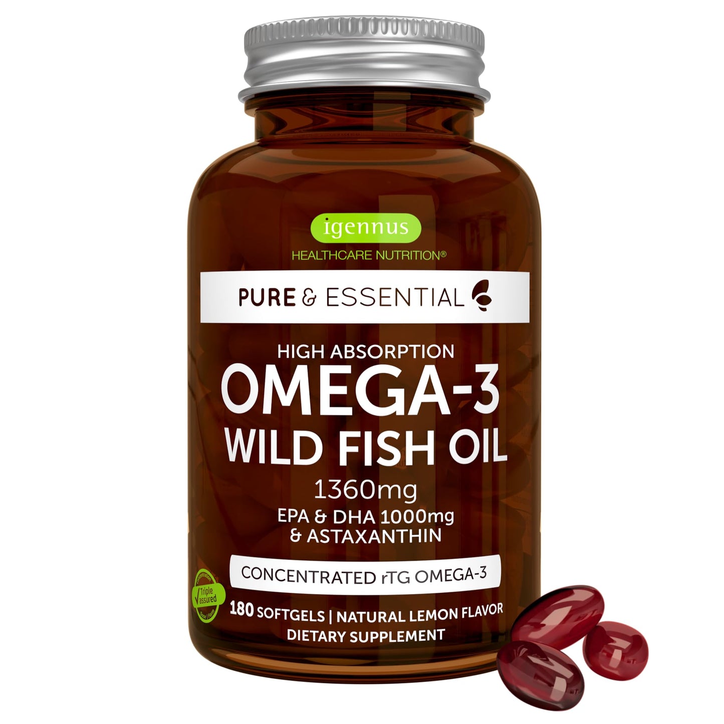 Igennus Ultra Pure Omega 3 Triglyceride rTG Wild Fish Oil 1360mg, IFOS Certified, EPA DHA 1000mg Plus Astaxanthin, Non-GMO, for Men & Women, 180 Softgels - Medaid International