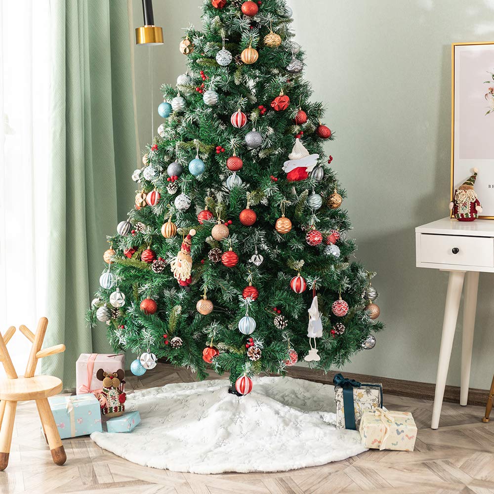 Amidaky Christmas Tree Skirt 48 inches White Faux Fur Silver Snowflake Sequin Embroidered Luxury Tree Skirt Xmas Decoration - Medaid International