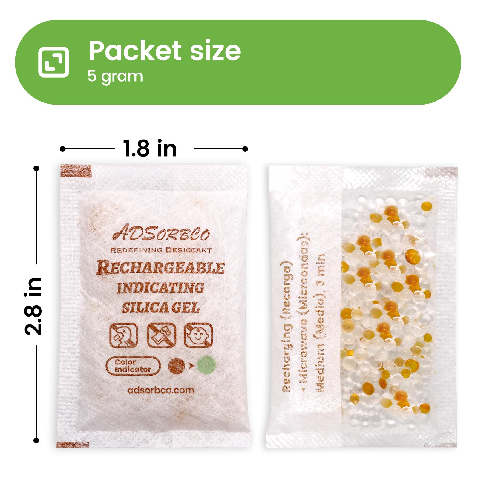 ADSorbco 5 Gram (50 Pack) Silica Gel Packets - Desiccant Packs for Storage, Moisture Absorbers for Food, Rechargeable, Orange-to-Green & White Blend for Food Storage, Electronics, Jewelry, Safes - Medaid International