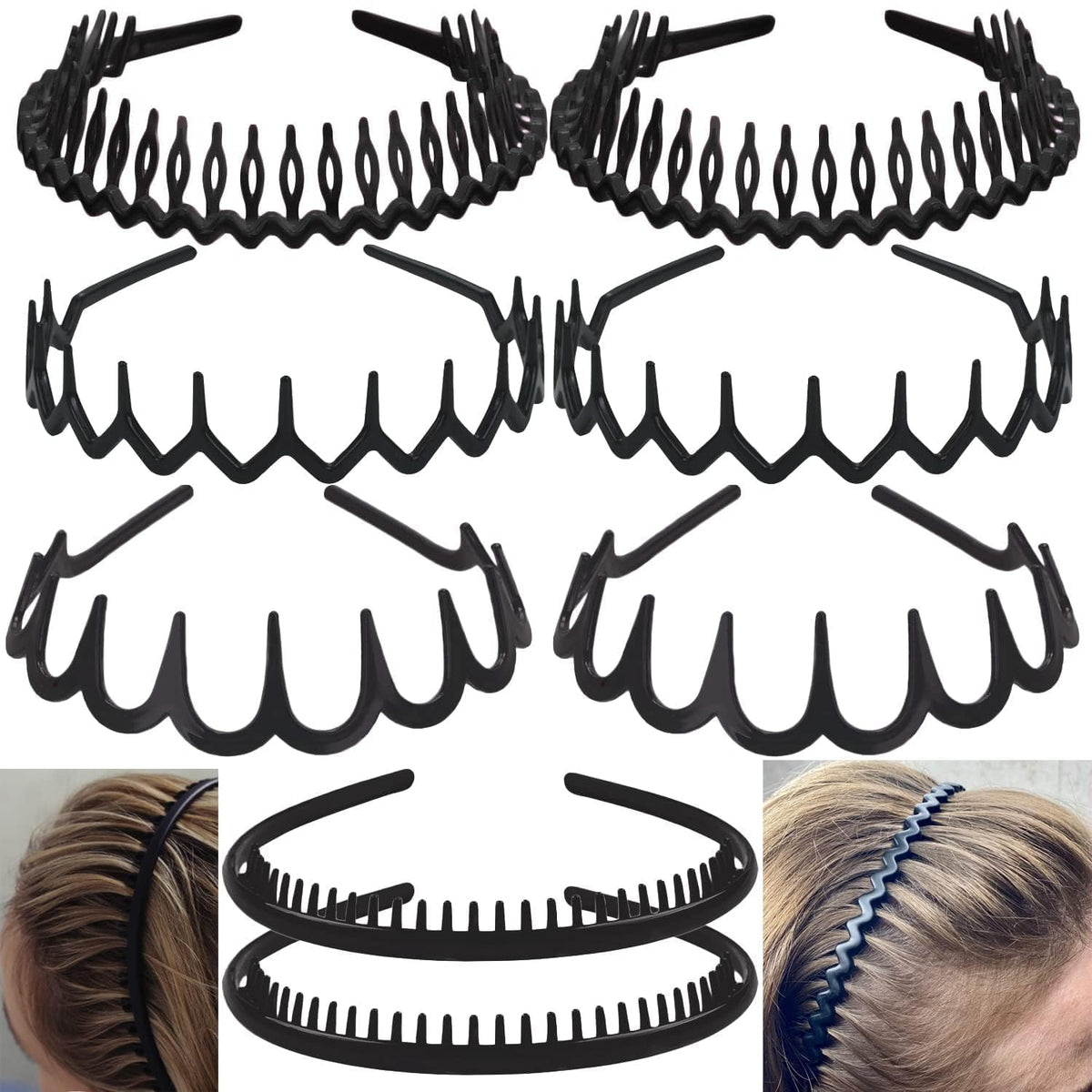 KASTWAVE Fashion No Slip Effortless Plastic Headbands, Teeth Comb Black Skinny Hair Bands for Women Men Teen Girls, Matte Black (8PCS)