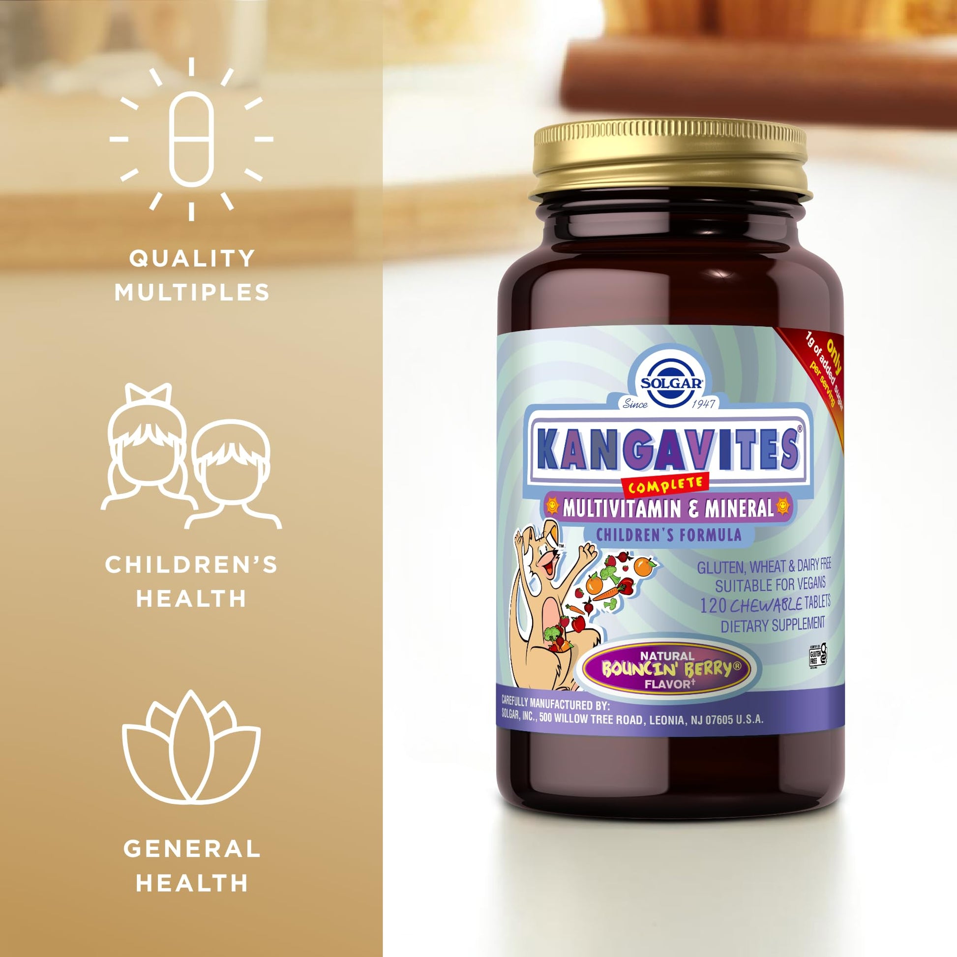 Solgar Kangavites, Bouncin’ Berry Flavor - 120 Chewable Tablets - Complete Multivitamin & Mineral Formula for Children - Vegan, Gluten Free - Medaid International