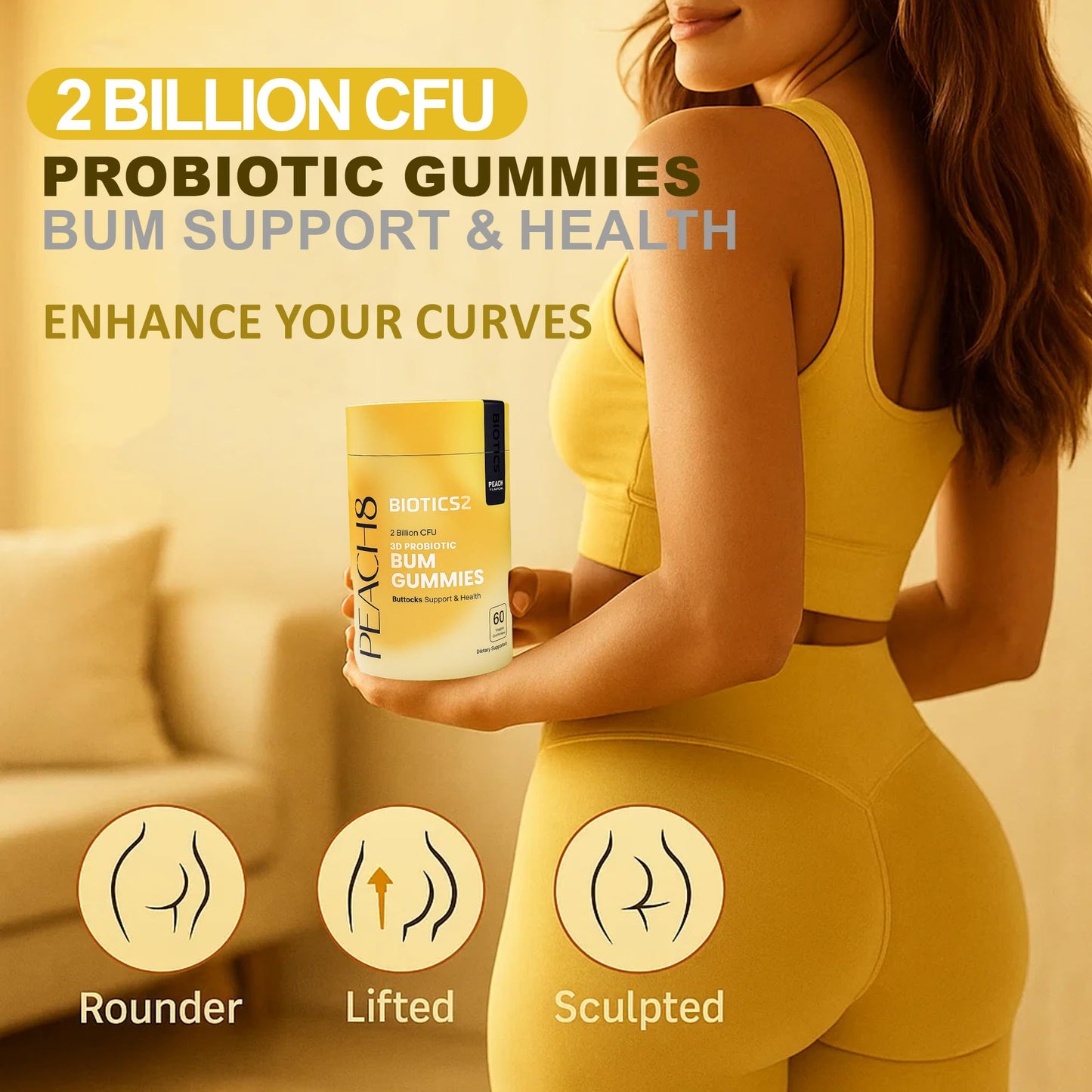 Peach8 Butt Support Women Probiotic Gummies - 60 SugarFree BBL Booty Vitamins C A Gummies, 2B Probiotics, Prebiotics, 4 Herbal Supplements Saw Palmetto, Black Maca, Motherwort for Bum Max Absorption - Medaid International