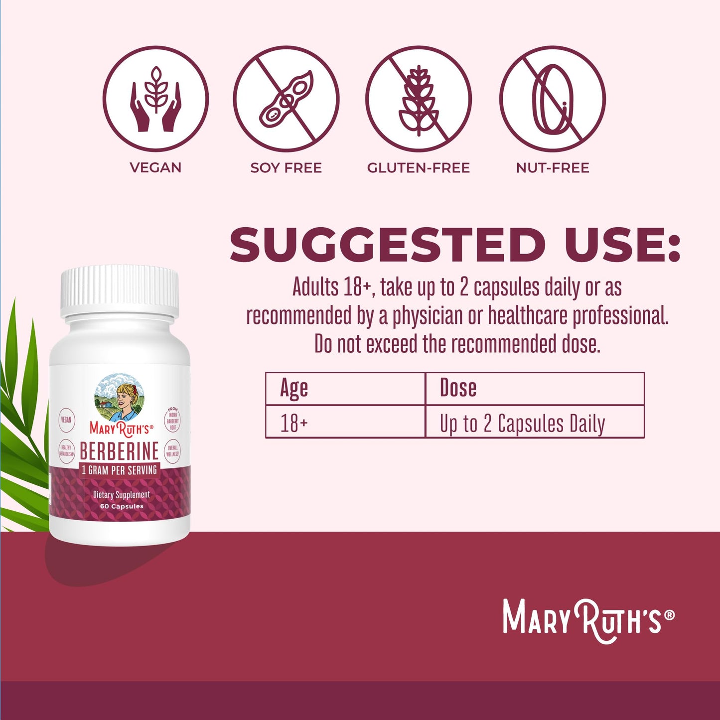 MaryRuth Organics Berberine Supplement | 1000 mg Per Serving | 1 g Berberine | Healthy Metabolism with Diet and Exercise | Overall Health | Vegan Capsules | 30 Serving - Medaid International