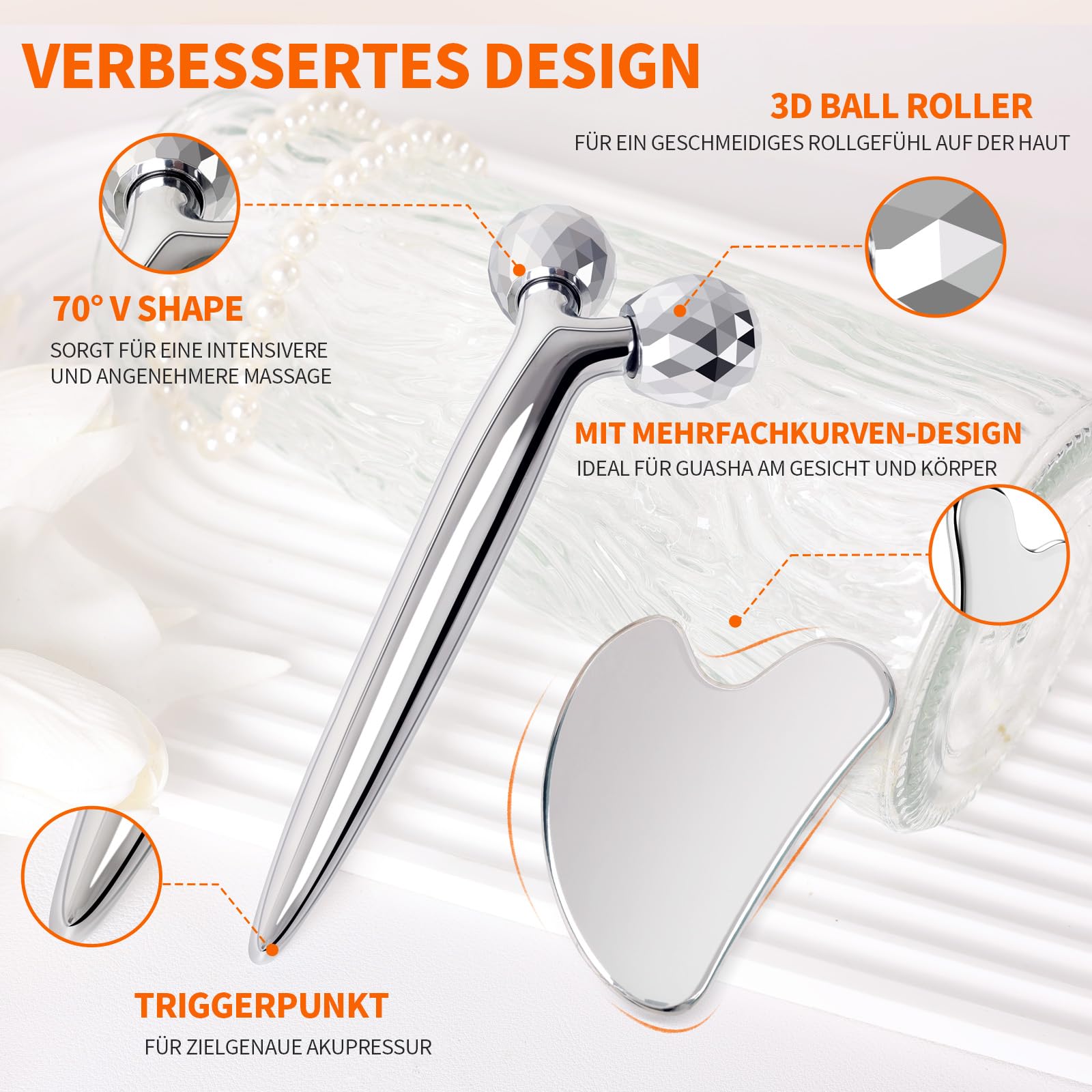 InfiniteRelax 3D Gua Sha Facial Tools Metal Face Roller Stainless Steel Gua Sha Set Cooling Massage Tools for Reduce Puffiness, Firm Skin, Anti-Aging Care - Daily Facial Sculpting Gift for Women - Medaid International