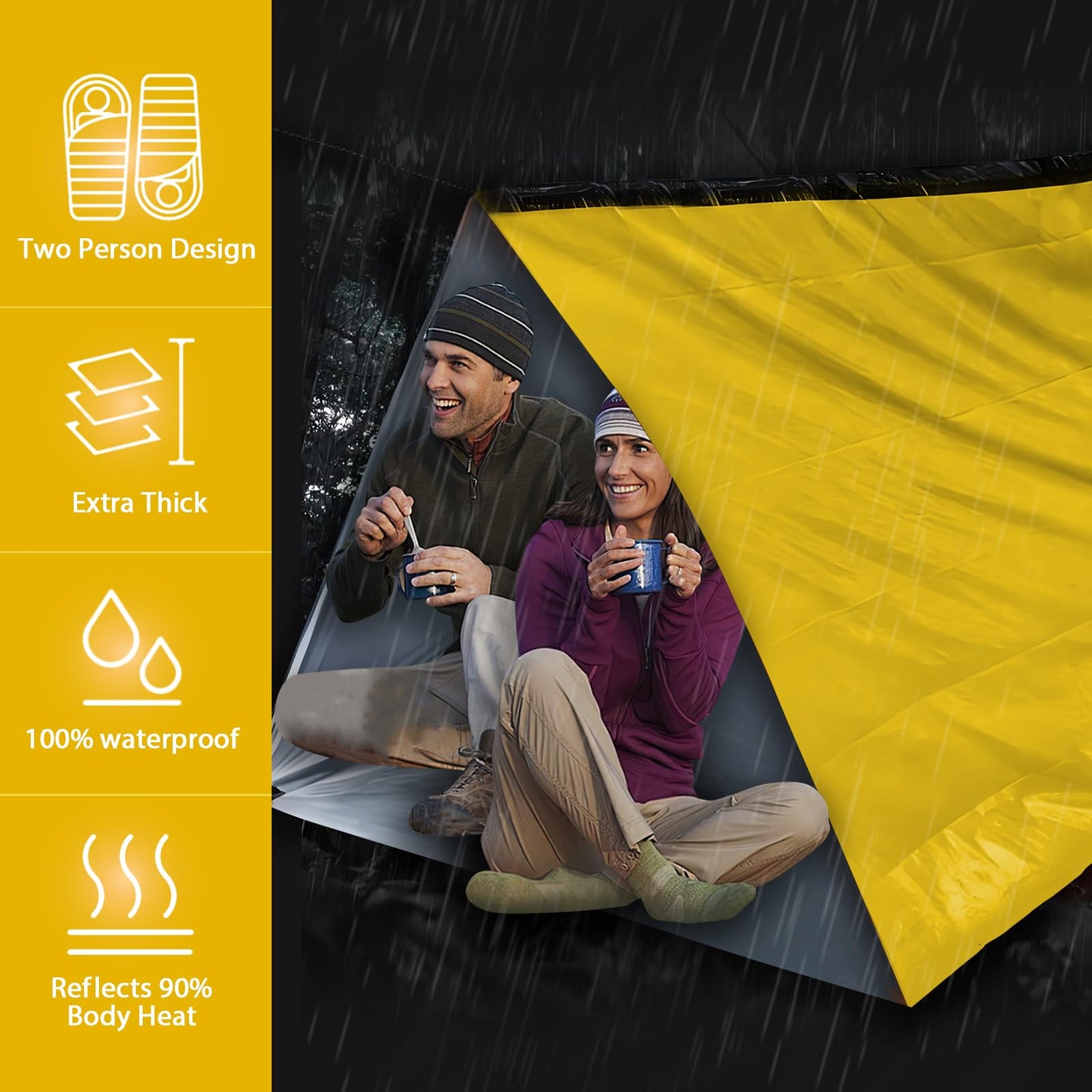 SET007 1-Pack Mylar Survival Life Tent, 2 Person Emergency Shelter Tube Tents with Paracord • 90% Heat Retention, Waterproof, All Weather Protection for Hiking, Camping & Outdoor-Yellow