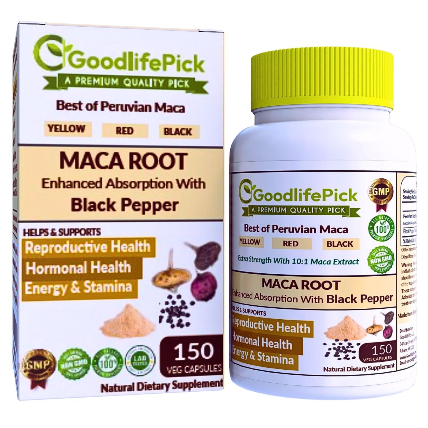 Peruvian Maca Root Capsules 150 ct. Powerful Maca Blend of Yellow Red & Black Maca Root with Black Pepper. All Natural NonGMO Vegan No Stearate No Rice Powder No Silica No Filler - Medaid International