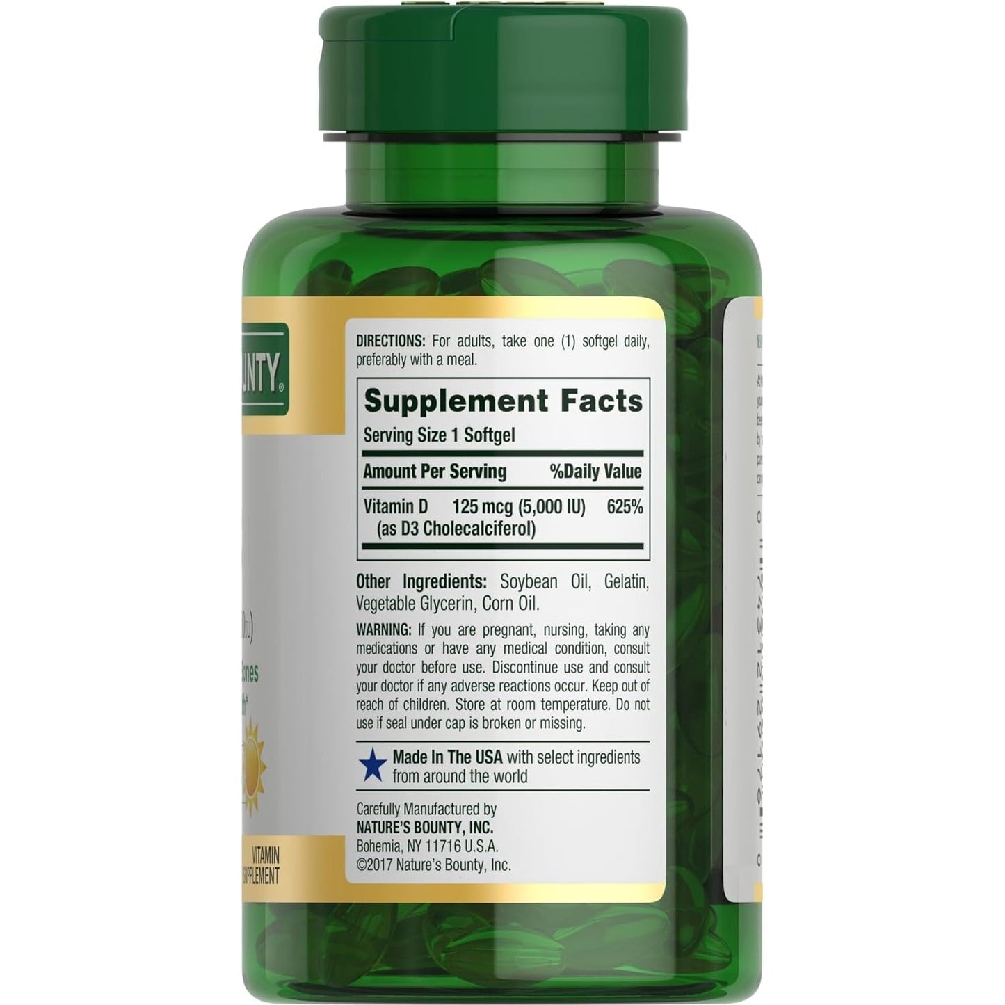 Nature's Bounty Vitamin D3, Immune Support, 125 mcg (5000iu), Rapid Release Softgels, 240 Ct - Medaid International