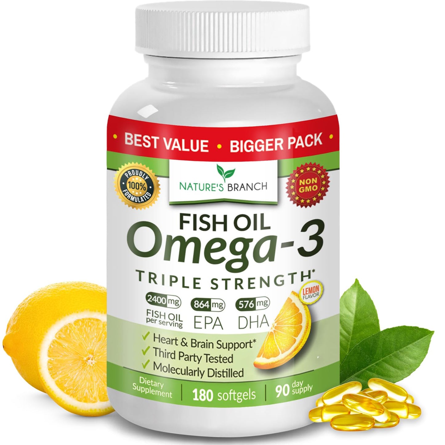Best Triple Strength Omega 3 Fish Oil Pills - 180 Capsules - 2400mg High Potency Burpless Lemon Flavor 864mg EPA 576mg DHA Ultra Pure Liquid Softgels for Brain Joints Eyes Heart Health Supplement - Medaid International