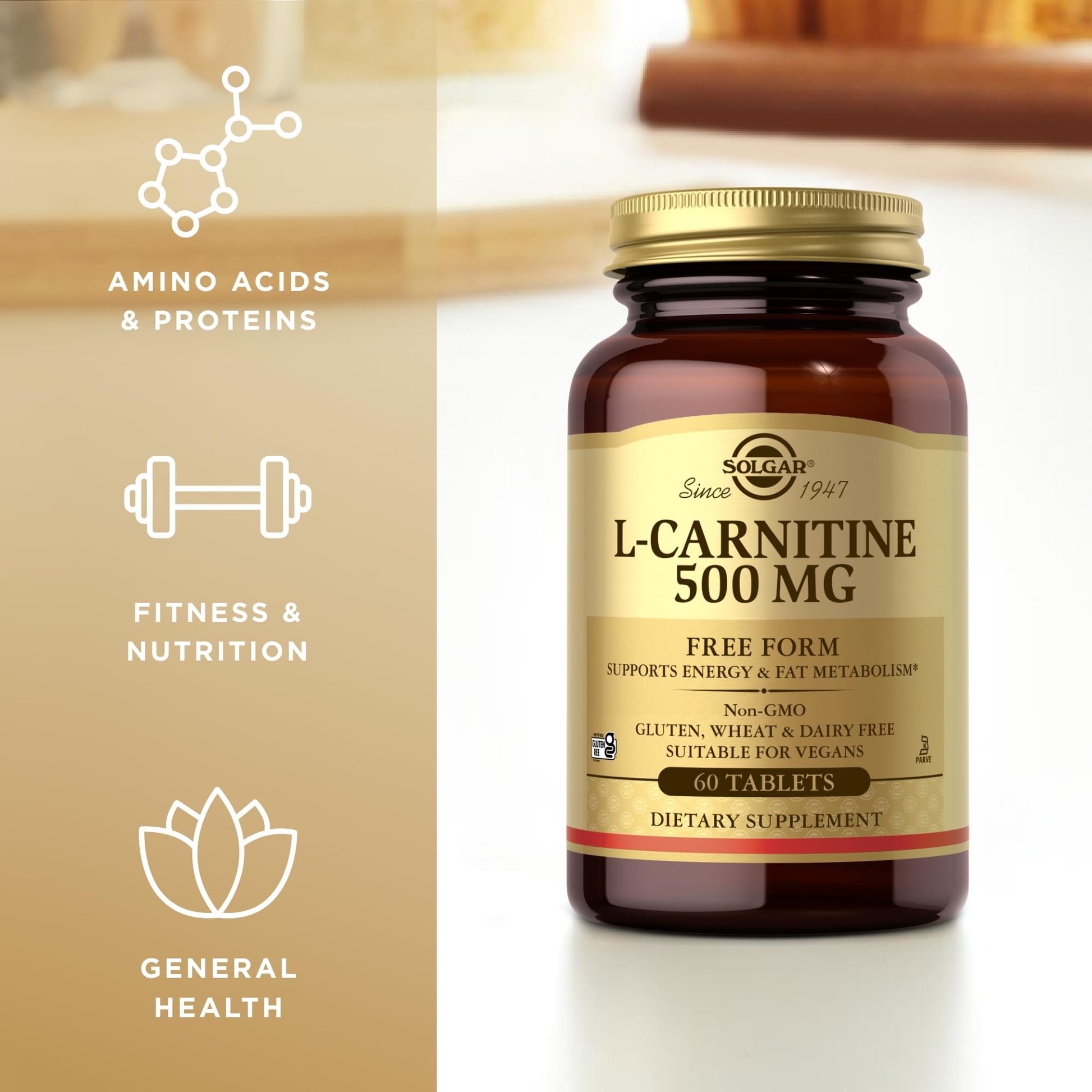Solgar L-Carnitine 500 mg - 60 Tablets - Non-GMO, Vegan, Gluten Free, Dairy Free, Kosher - 30 Servings - Medaid International