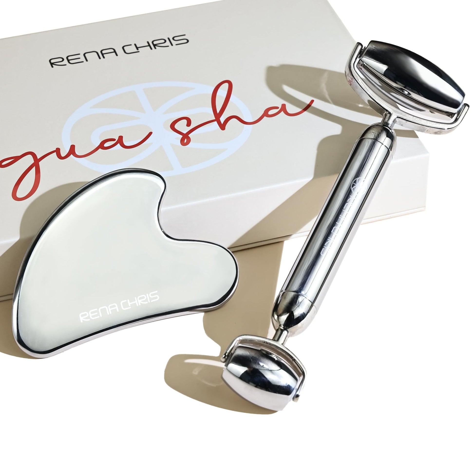 Rena Chris Gua Sha and Face Roller Set: Anti-Breakage Stainless Steel Roller for Long-Lasting Use, Jawline Sculpting and Puffiness Reducing, Gua Sha Facial Tools for Self Care Gift (Silver) - Medaid International