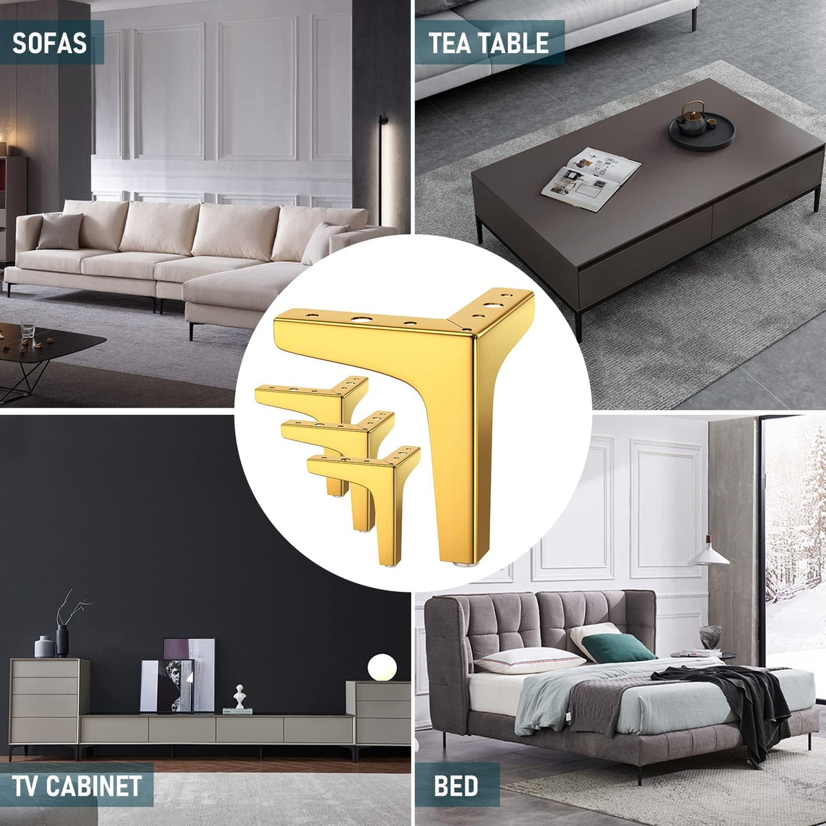 KASTWAVE Furniture Legs, 17cm Heavy Duty Furniture Metal Table Legs with Screws & Protector Feet for Cabinet, Wardrobe, TV Cabinets, Drawers, Nightstand (4 Pcs, Gold)