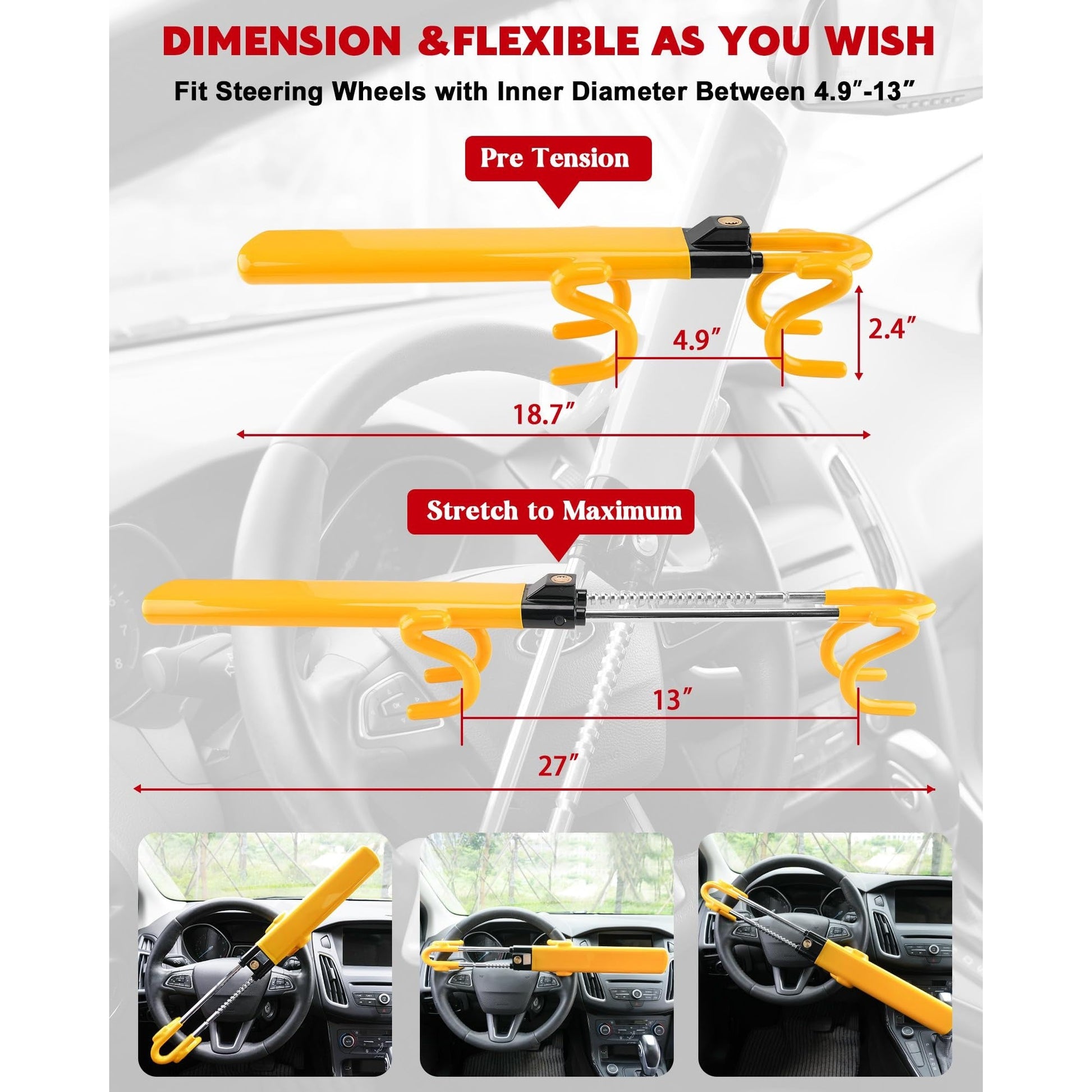 Tevlaphee Steering Wheel Lock - Heavy Duty Antitheft Device and Car Security Lock with Adjustable Locking and 3 Keys - Great Vehicle and Truck Deterrent (Yellow) - Medaid International